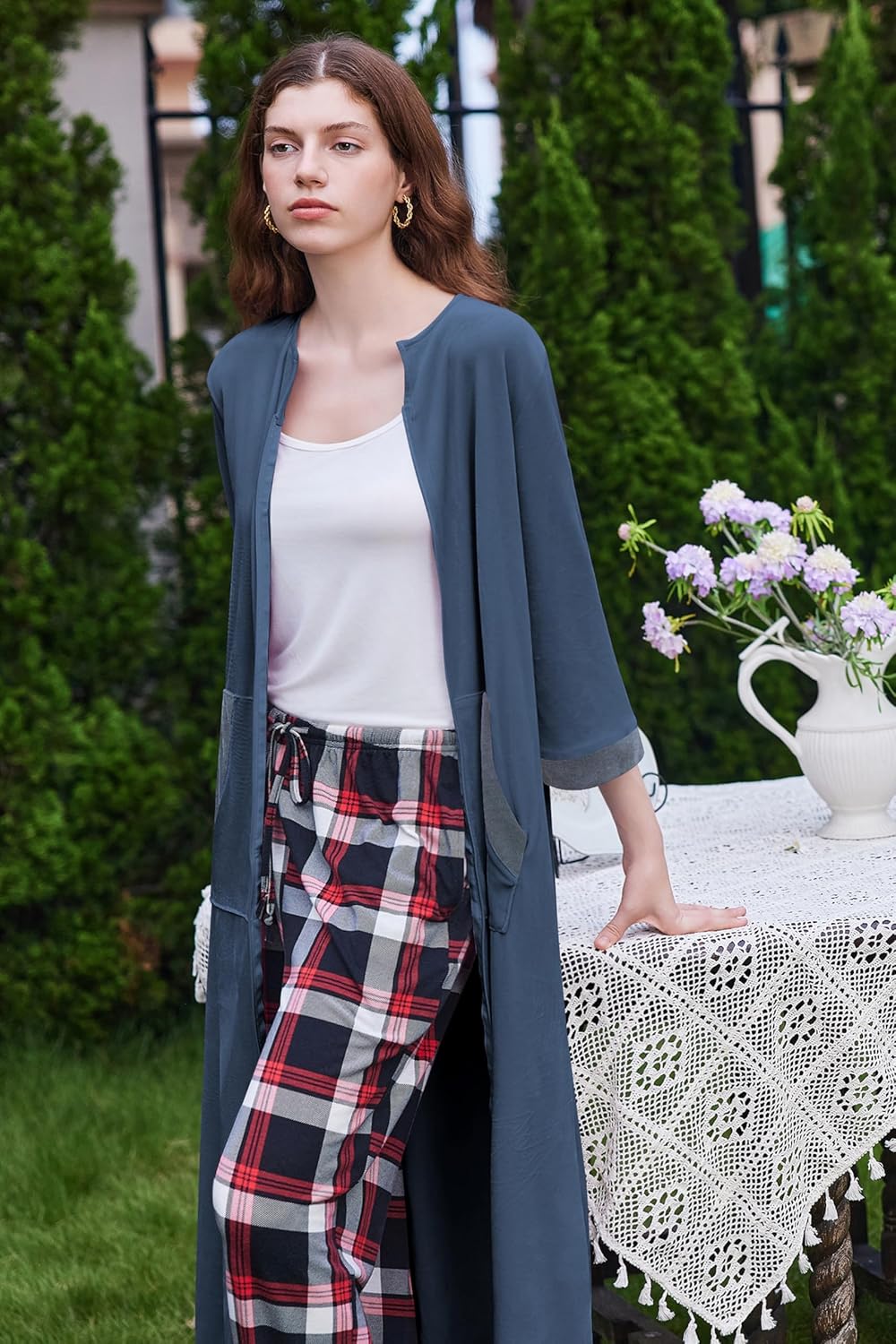 Ekouaer Women Zipper Robe 3/4 Sleeves Loungewear Dress Full Length Sleepwear Pockets Housecoat Nightgown Long Bathrobe