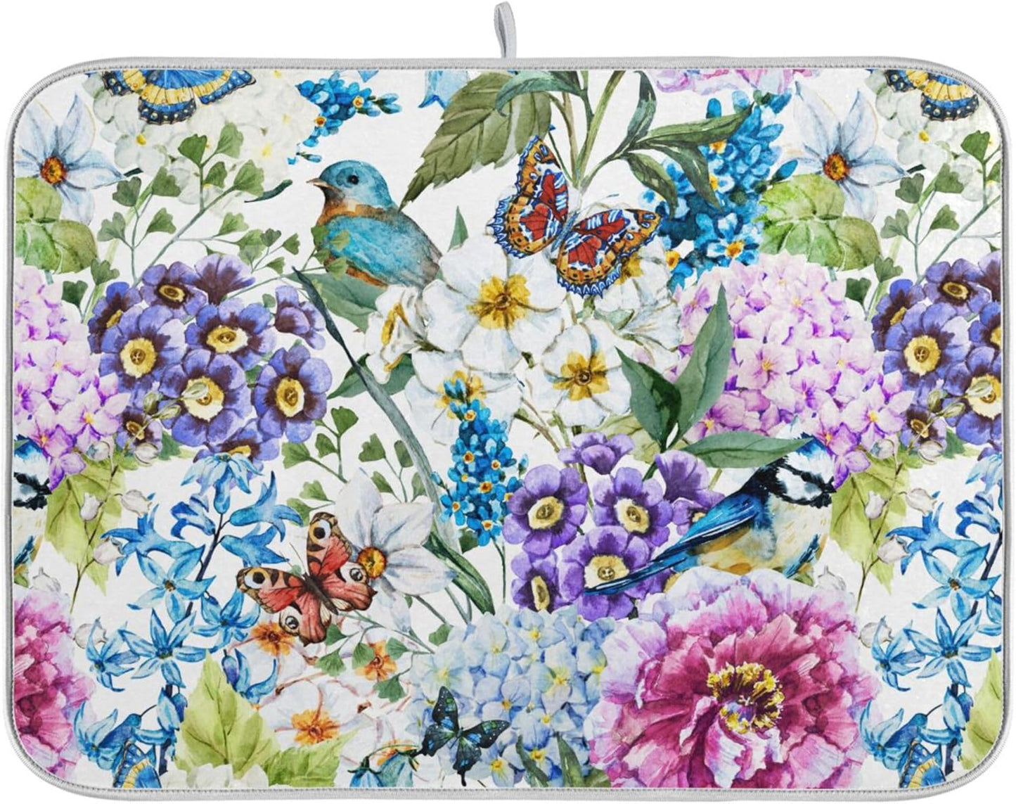 Floral Birds Dish Drying Mat for Kitchen Spring Globe Daisy Butterfly Flowers Microfiber Drying Mats Absorbent Reversible Dish Pad Large Dish Draining Mat 18x24 inch