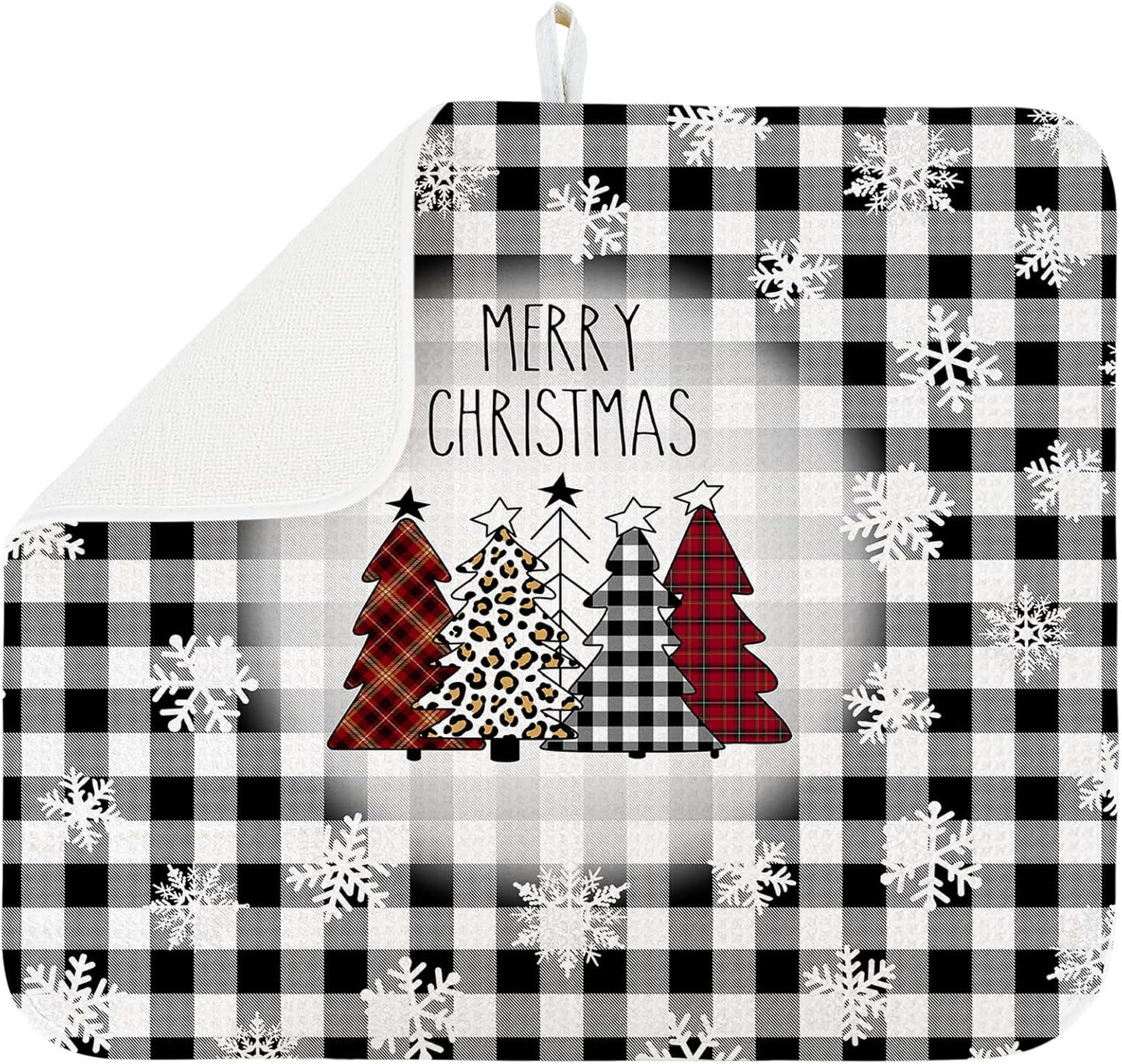 Dish Drying Mat for Kitchen Counter Large 18" x 24" Buffalo Plaid Christmas Tree Absorbent Microfiber Dishes Drainer Rack Mats Pad Reusable Washable