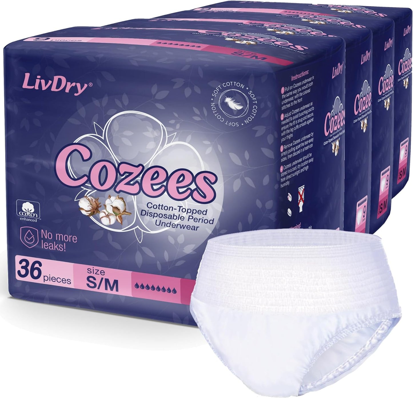 Cozees Disposable Period Underwear for Women, Menstrual and Postpartum High Absorbency, Cotton Covered Comfort, Made in USA (36 Count, Small/Medium)