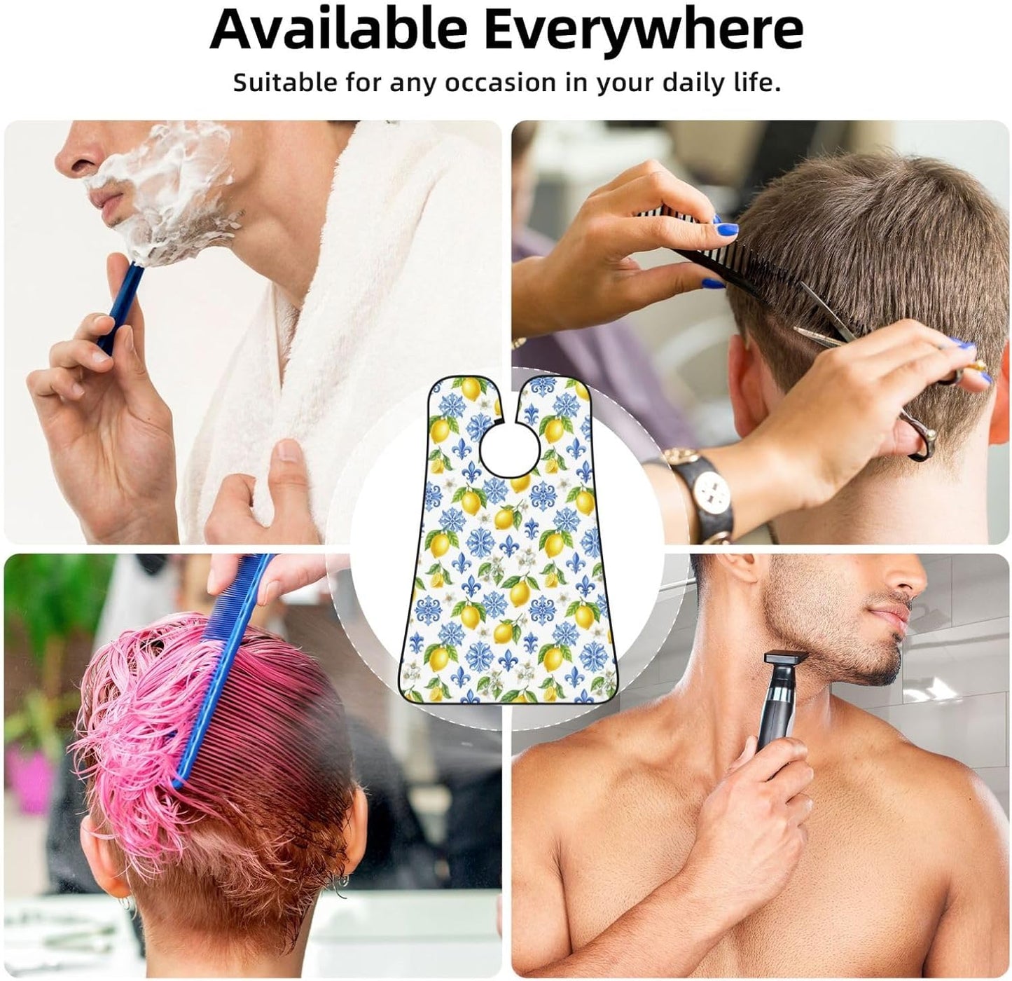 Adjustable Non-Stick Beard Apron, Hair Catcher Cape for Shaving Grooming, Waterproof with Suction Cups Men, Watercolor Blue White Flowers Lemon Tree Leaf Floral Shave Bib