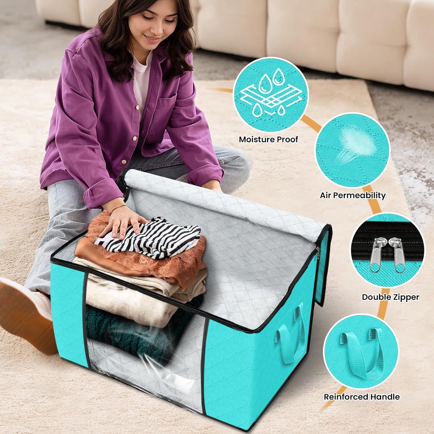 Fab totes 24 Gallons Clothes Storage, Foldable Thick Fabric Blanket Storage Bags, Containers for Organizing Bedroom, Closet, Clothing, Comforter, Organization with Handle (3 Pack,Green)