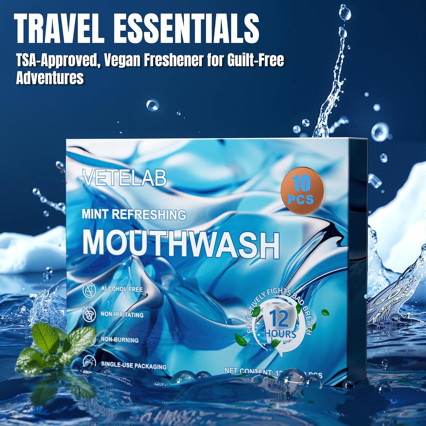 Portable Travel Size Mouthwash Packets - TSA-Approved Mini Mint Mouthwash for Adults, Alcohol & Fluoride-Free Oral Care for Air Travel, Dates & Office, 10 Individually Wrapped 0.4oz Packs
