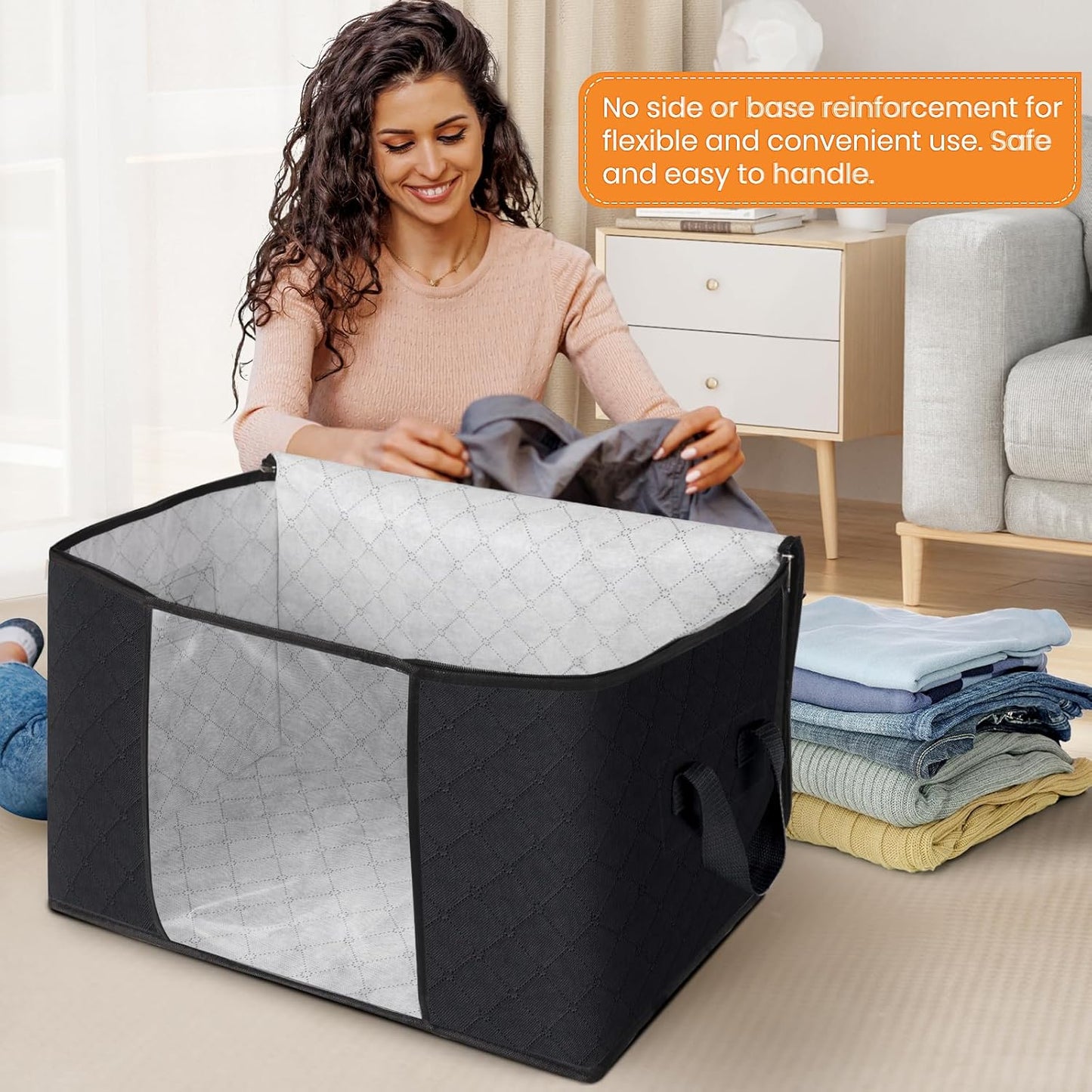 Fab totes 24 Gallons Clothes Storage, Foldable Thick Fabric Blanket Storage Bags, Containers for Organizing Bedroom, Closet, Clothing, Comforter, Organization with Handle (3 Pack,Black)