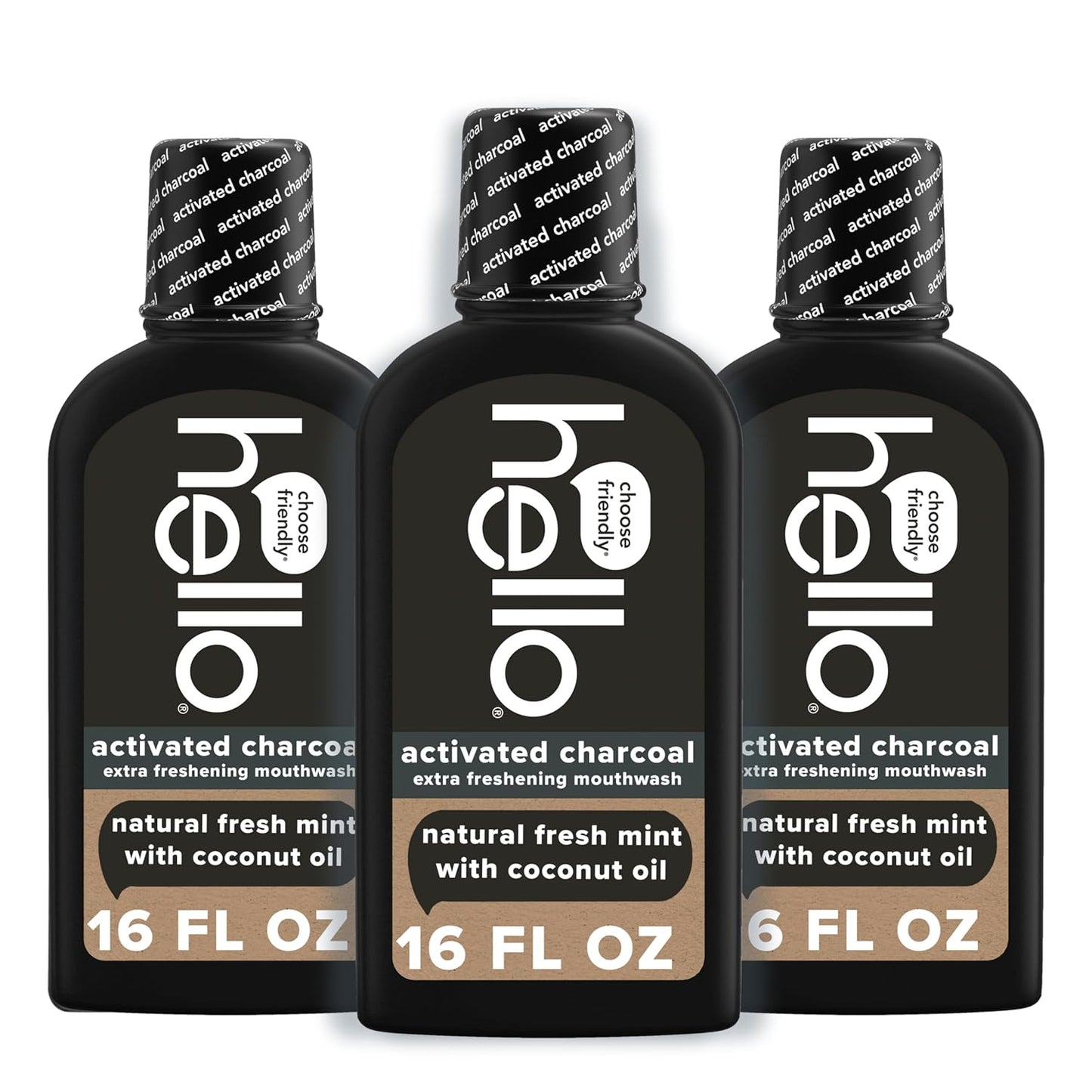 Hello Activated Charcoal Extra Freshening Mouthwash, Natural Fresh Mint and Coconut Oil, Fluoride Free, Alcohol Free, Vegan, SLS Free and Gluten Free, 16 Fl Oz (Pack of 3)