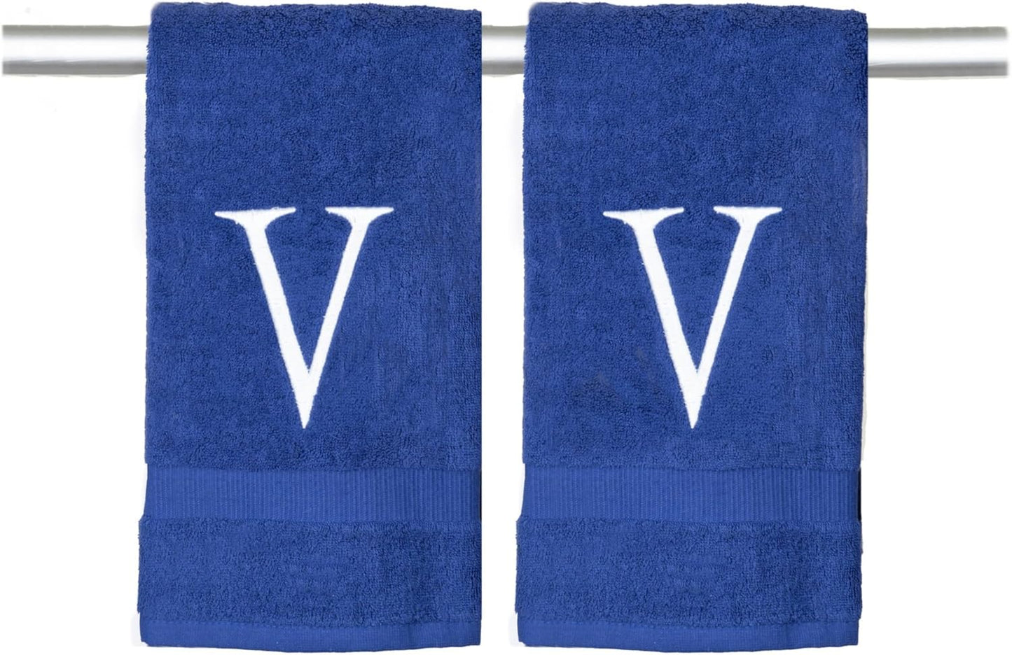 Navy Initial Hand Towel for Bathroom - Monogrammed Luxury Hotel Quality Decorative Embroidered Towel for Powder Room, Spa - GOTS Organic Certified - Set of 2 Letter V