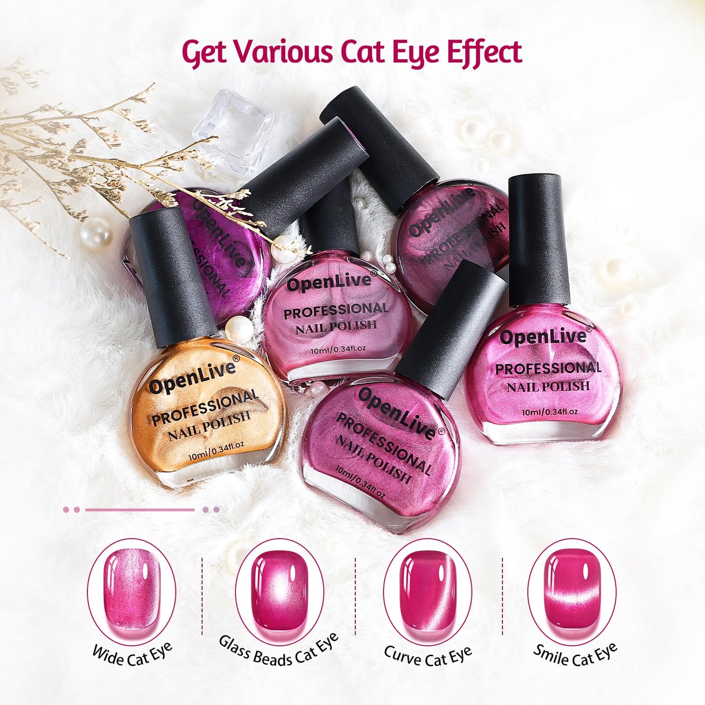 6 Colors 10ml Strawberry Molten Gold Cat Eye Nail Polish with Magnet Stick Quick Dry Nail Polish for Women Salon DIY Nail Art