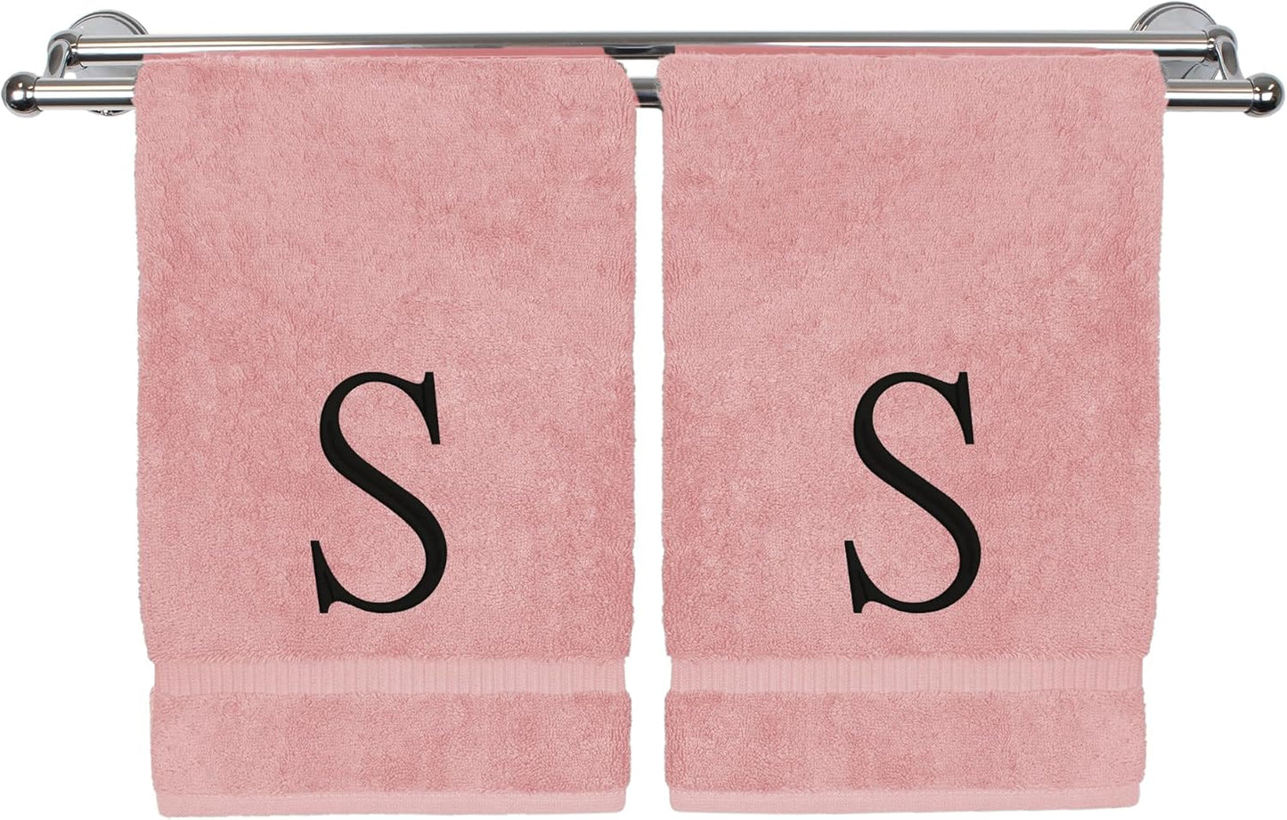 Monogrammed Hand Towel, Personalized Initial Gift, Extra Absorbent 100% Turkish Cotton - Soft Terry Finish - Set of 2 - Black Block Initial S - Embroidered on Pink Towels