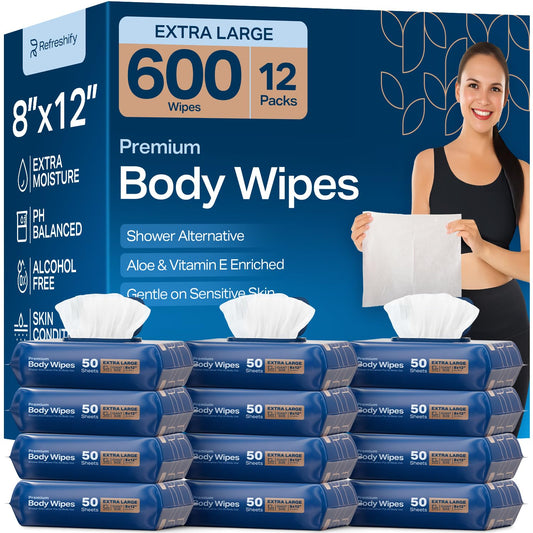 Extra Large Shower Body Wipes for Adults 8" x 12" (600 count) + 12 Travel Packs | Adult Wipes for Elderly, Bathing No Rinse, Vitamin E and Aloe, 12 Packs of 50