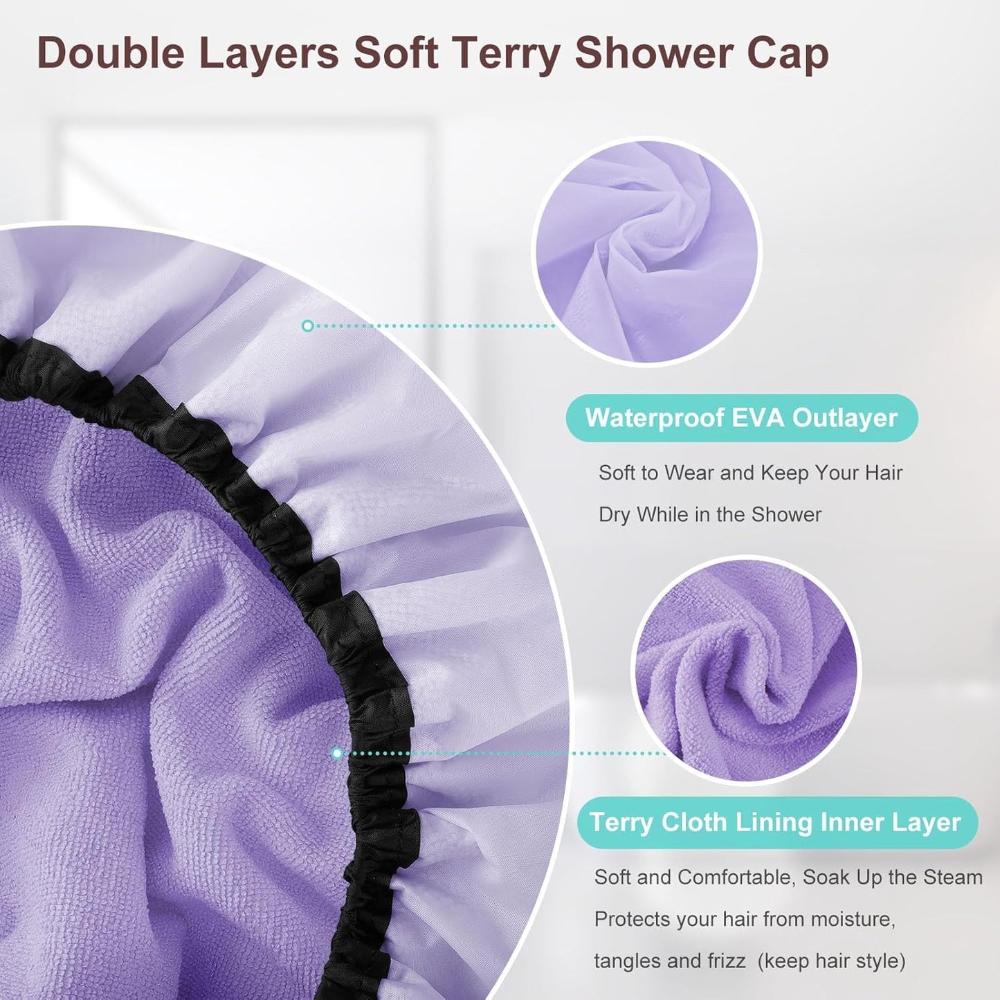 2 Pcs 15" XL Extra Large Terry Lined Shower Cap, Adjustable Dual Waterproof Shower Cap for Women Reusable Soft Hair Cap Bath Cap for Long Braids, Thick Hair, Locs, Curly Hair