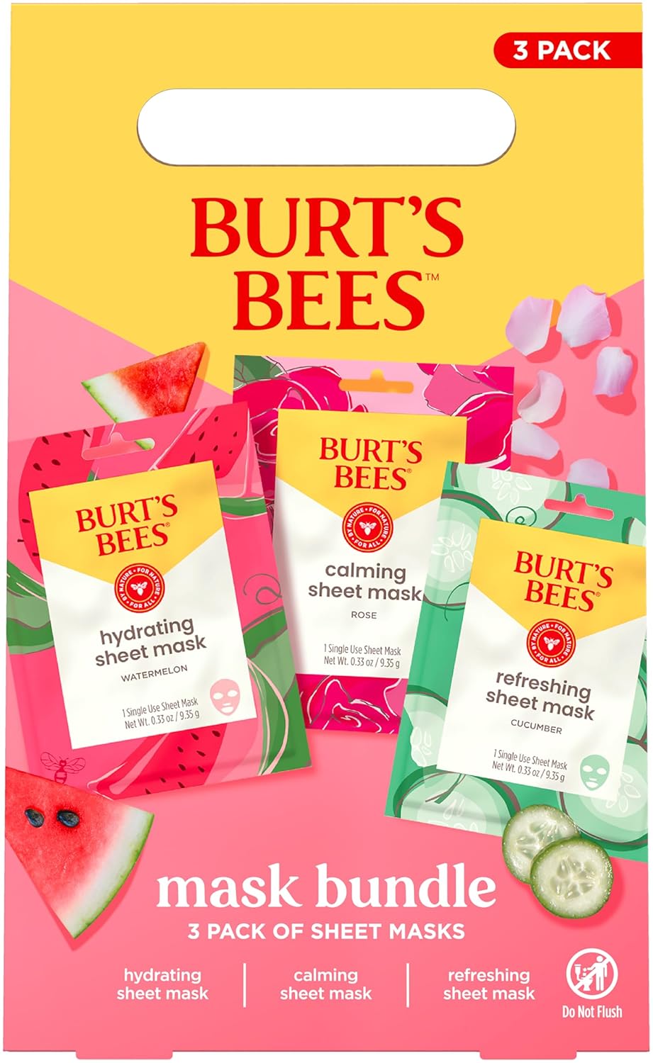 Burt's Bees Back To School Gift Ideas, Face Mask Bundle, Hydrating Watermelon, Calming Rose, & Refreshing Cucumber, Face Sheet Masks for Single Use Skin Care, 99% Natural Origin, 3 Count, 0.33oz Each