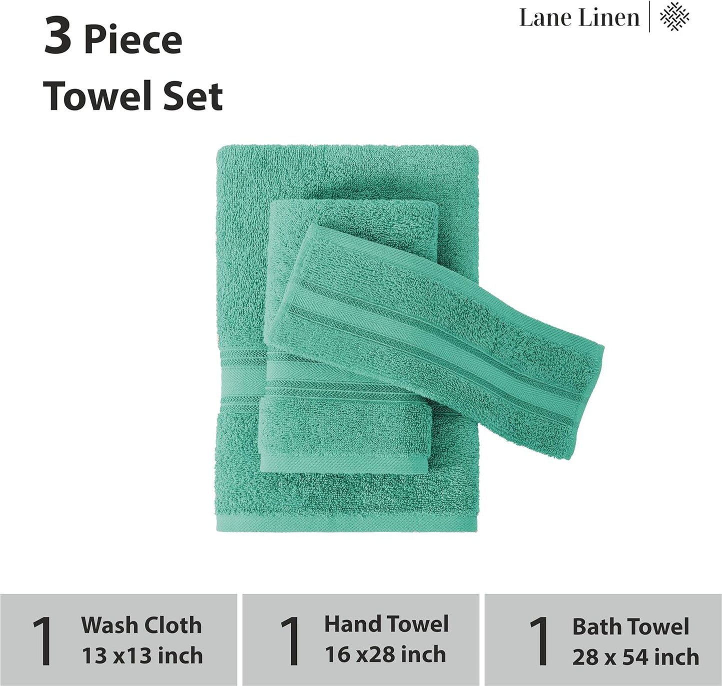 LANE LINEN Luxury Bath Towels Set - 3 Piece Set, 100% Cotton Bathroom Towels, Zero Twist, Quick Shower Towels, Absorbent Towel, Super Soft, 1 Bath Towel, 1 Hand Towel, 1 Wash Cloths - Teal