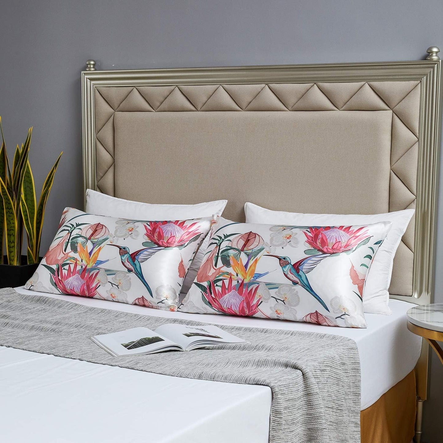 MR&HM Satin Pillowcase for Hair and Skin, Silk Satin Pillowcase 2 Pack, King Size Pillow Cases Set of 2, Silky Pillow Cover with Envelope Closure (20x40, Floral Bird)