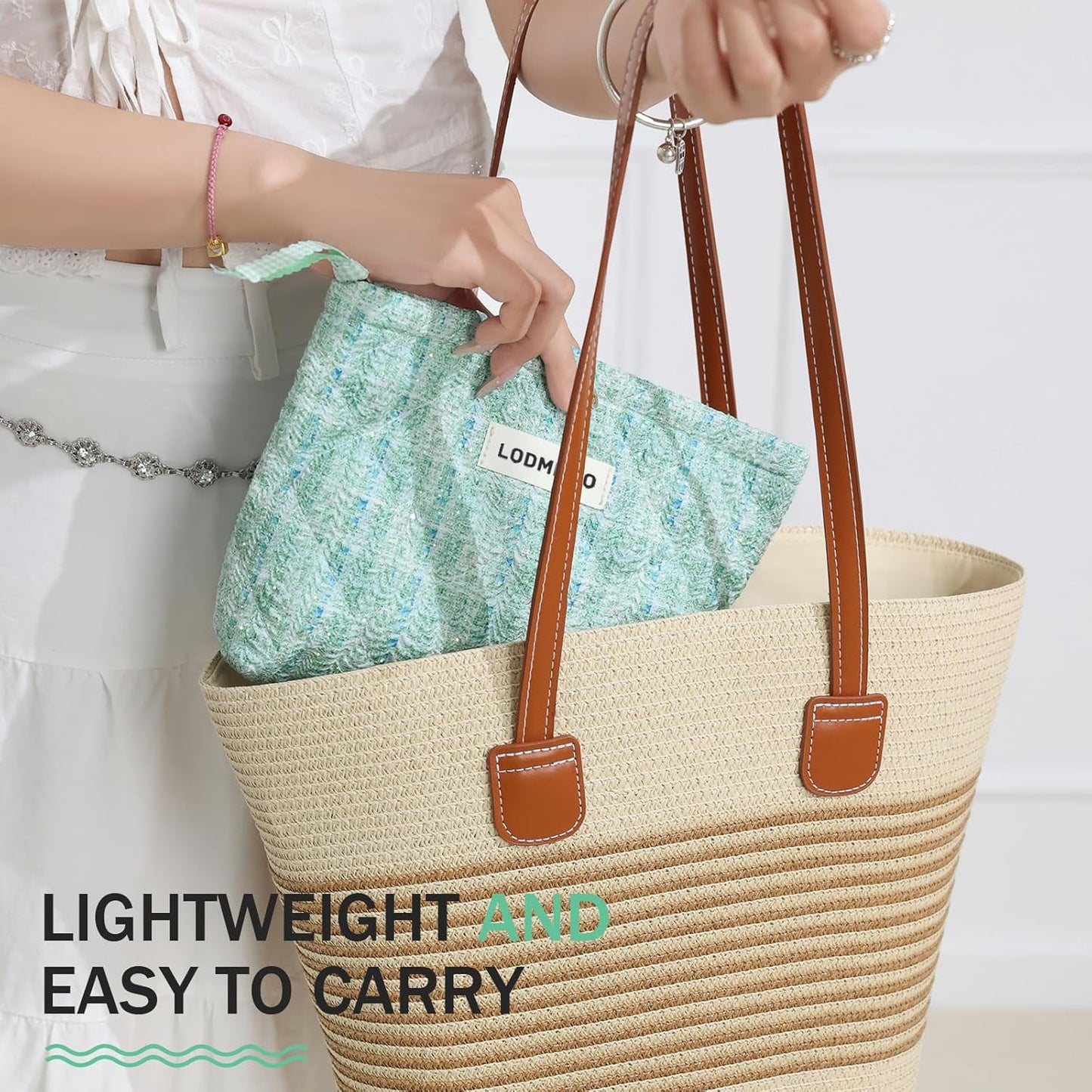 Makeup Bag 3 PCS Quilted Cosmetic Bags for Women, Large Travel Make up Bag Set Cute Cotton Toiletry Bag Organizer Pouch for Purse, Green