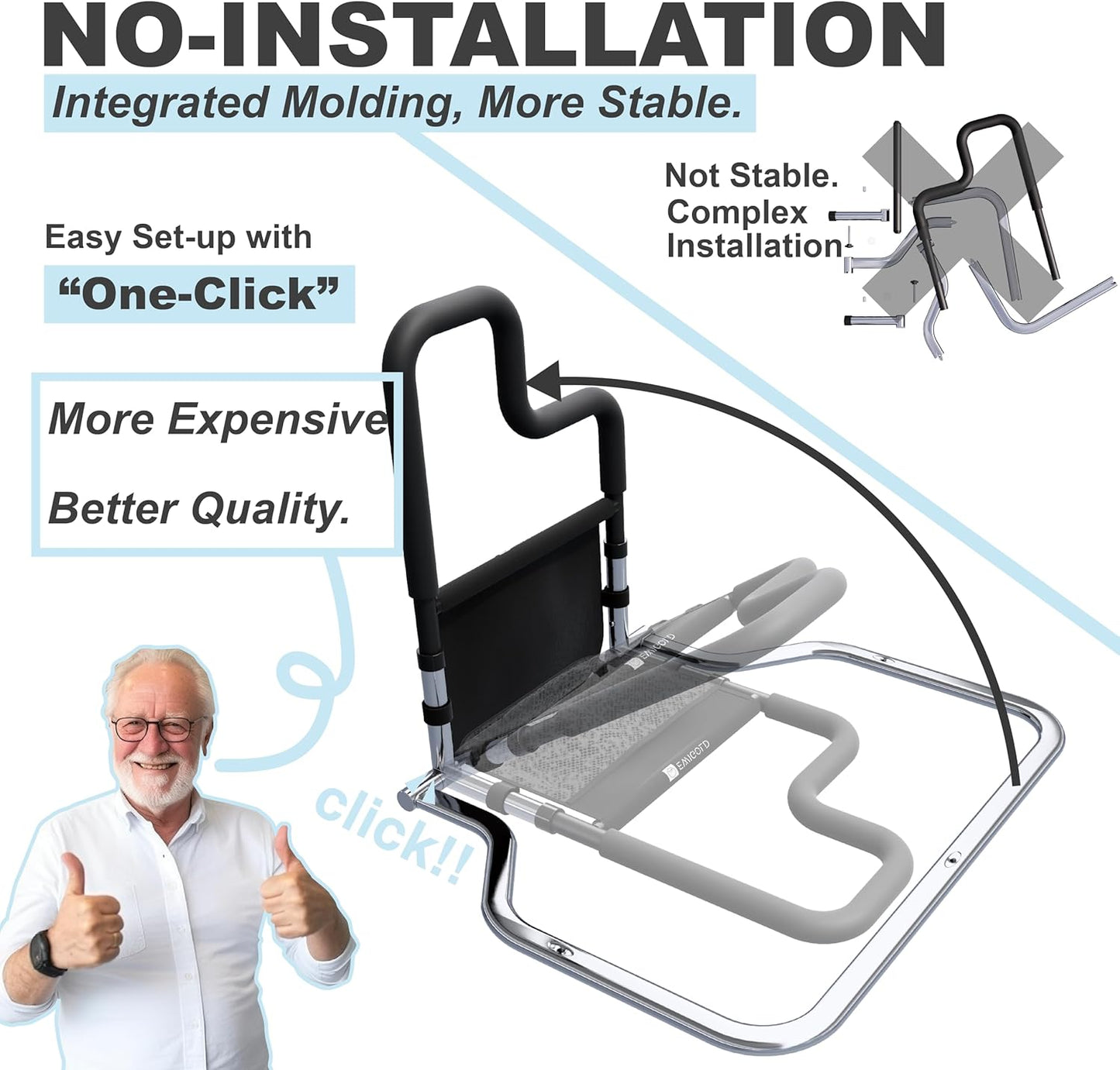 Dual-Bar Bed Rails for Elderly Adults Safety - Bed Rails with Height-Adjustable Handle - Bed Assist Rail with Storage Pocket - No Installation at All - Fit King, Queen, Full, Twin