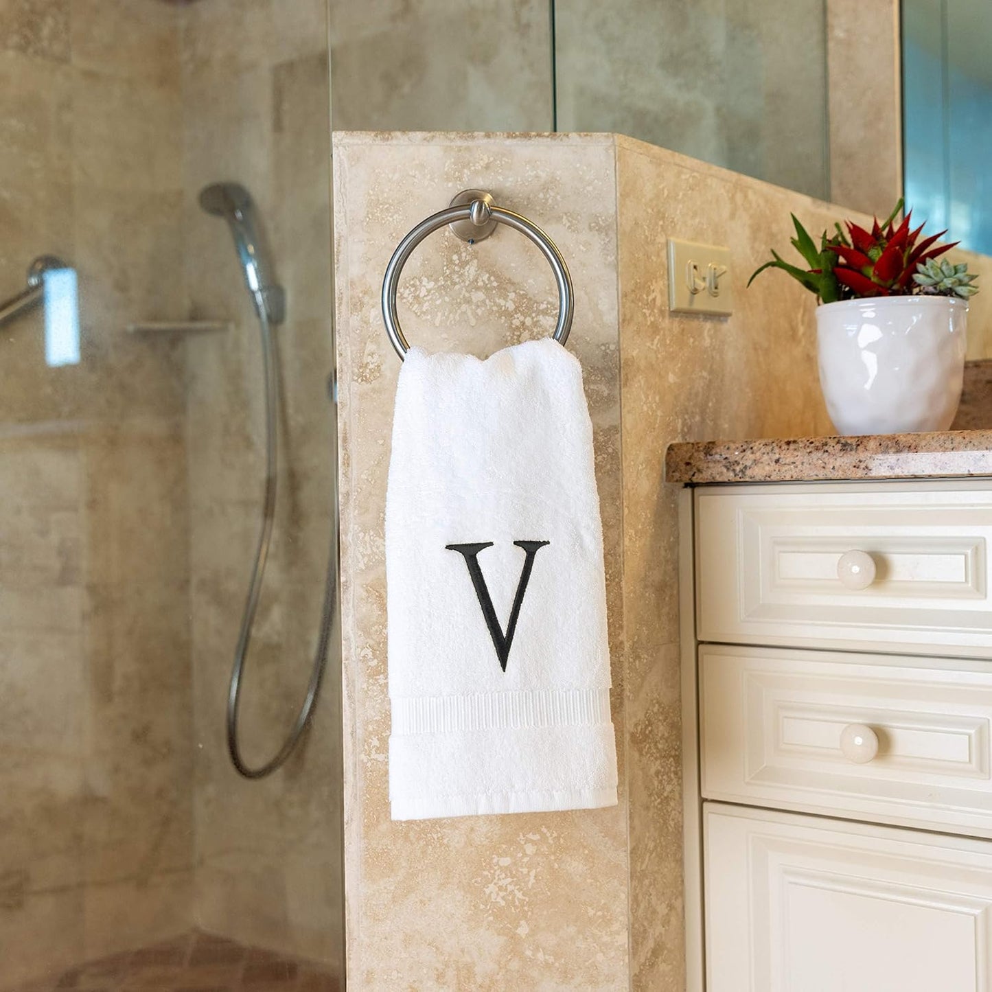 Dark Gray Initial Hand Towel for Bathroom - Monogrammed Luxury Hotel Quality Decorative Embroidered Towel for Powder Room, Spa - GOTS Organic Certified - Set of 2 Letter V