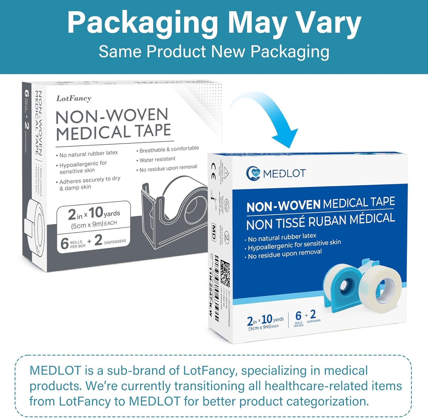 LotFancy Medical Tape, 6Rolls 2inch x 10Yards, Adhesive Hypoallergenic Surgical Paper Tapes, Wound First Aid Tape, 2 Dispensers Included