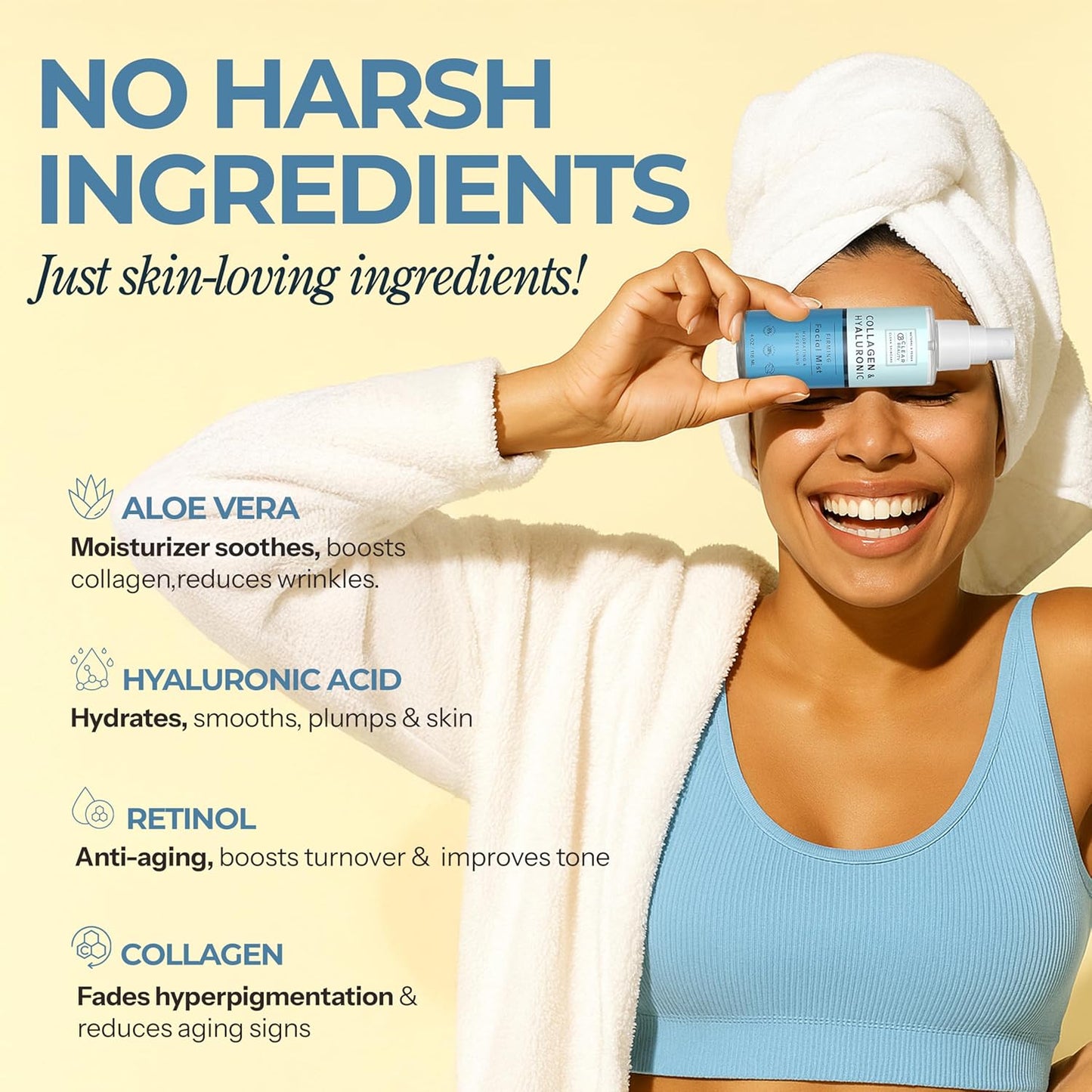 Hyaluronic Acid & Collagen Face Mist - Dermatologist Tested, Moisturizes & Tones Skin, Anti-Aging, Natural Ingredients, Cruelty-Free, 95% Natural - All Skin Types - 4 OZ