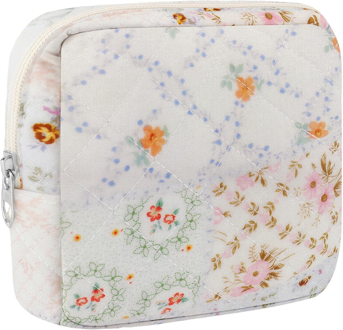 Small Quilted Cotton Makeup Bag for Purse Mini Cosmetic Period Bag for Women Cute Mixed Flower Makeup Sanitary Pouch Portable Travel Toiletry Bags with Zipper Slip in Pockets Birthday Gifts