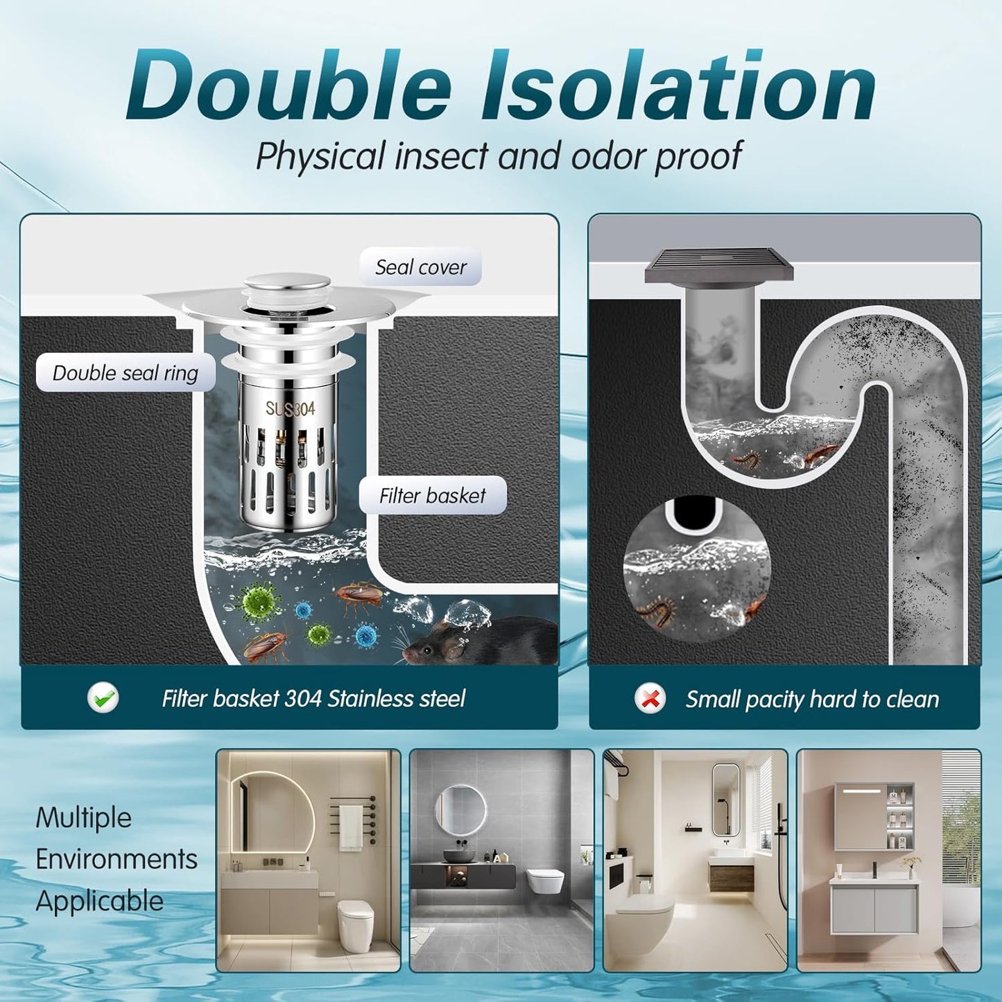 Bathroom Sink Stopper Hair Catcher, Pop-up Sink Drain Strainer with Removable Stainless Steel Strainer Basket Hair Catcher, Universal Drain Filter for Bathroom Sink Stopper Replacement (2PCS)