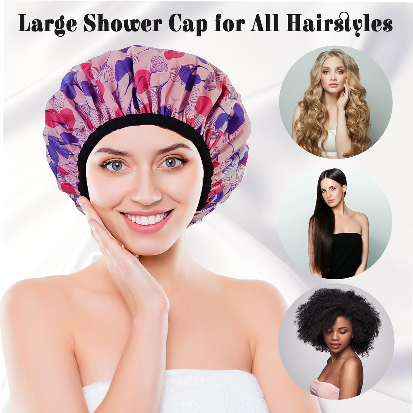 Shower Cap for Women, Shower Caps Reusable Waterproof, Large Plastic Satin Lined Shower Cap for Braids Long Hair