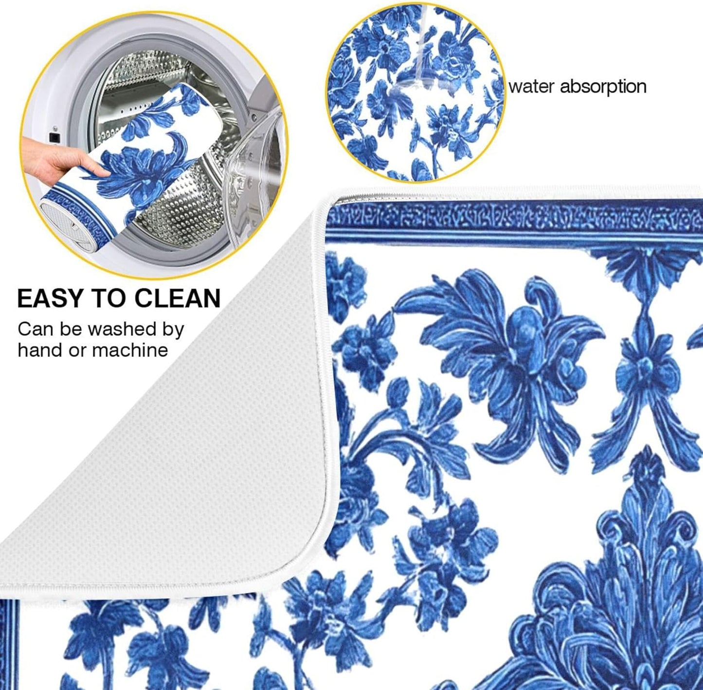 Blue White Porcelain Floral Dish Drying Mat for Kitchen Countertop 18x24 Rectangle Large Drying Mat Reusable Quick Dry Dish Sink Absorbent Mats Dishwasher Easy Clean Decorative Home Decor Essentials