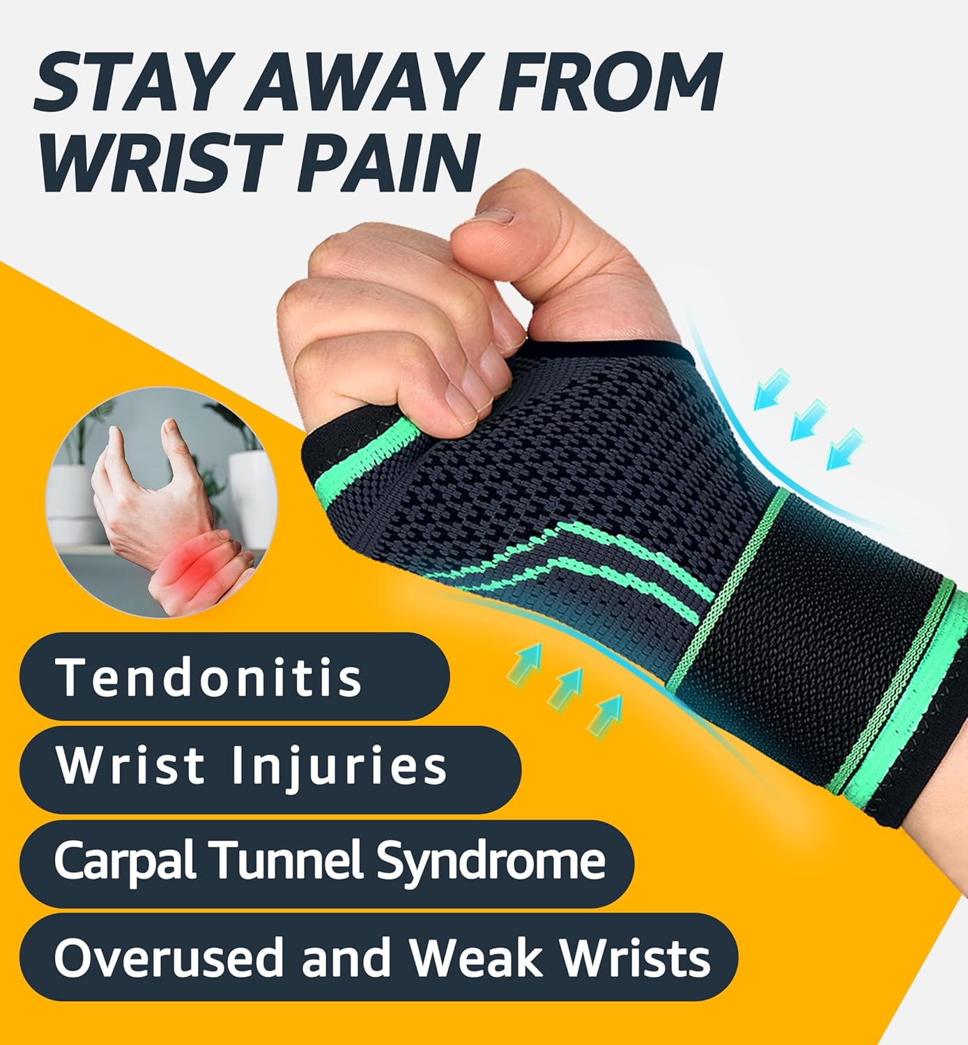 HiRui 2-Pack Wrist Brace Wrist Wraps, Hand Compression Sleeves with Wrist Straps Support for Fitness Weightlifting MTB Tendonitis Carpal Tunnel Arthritis Pain Relief (Green, Medium)