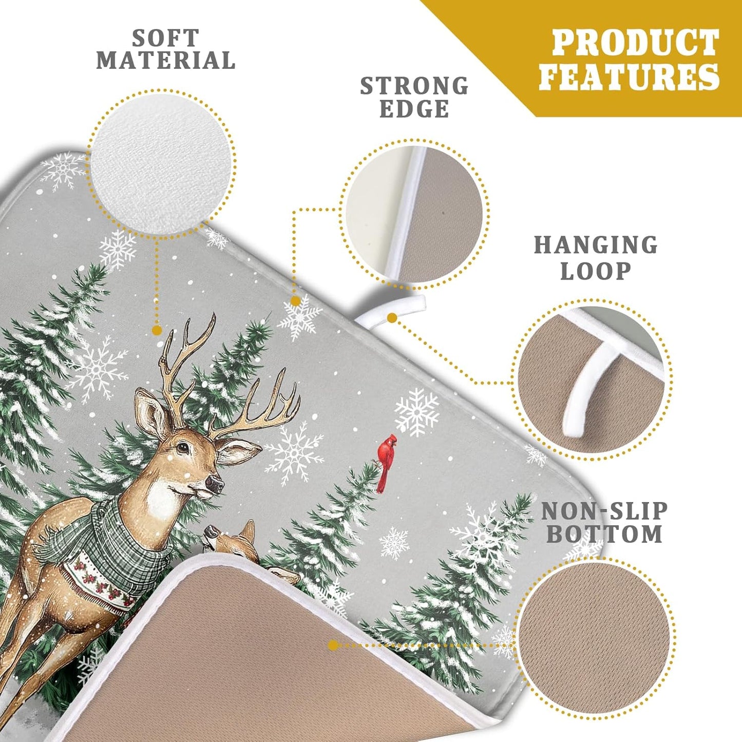 Winter Deer Dish Drying Mat Pine Tree Absorbent Dish Dry Pad Seasonal Microfiber Dish Drainer Mats for Kitchen Counter Coffee Bar 16x18 in