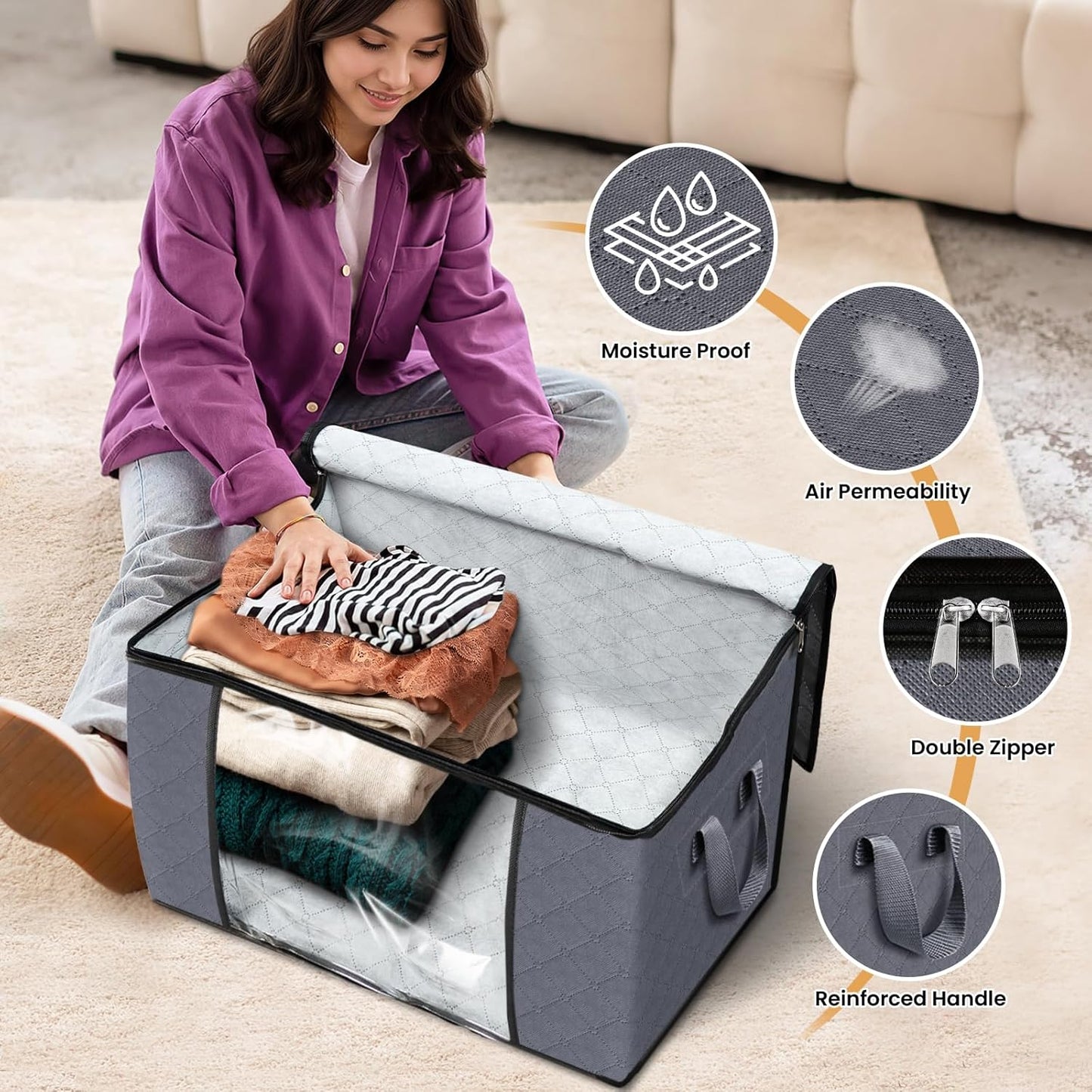 Fab totes 24 Gallons Clothes Storage, Foldable Thick Fabric Blanket Storage Bags, Containers for Organizing Bedroom, Closet, Clothing, Comforter, Organization with Handle (8 Pack,Grey)