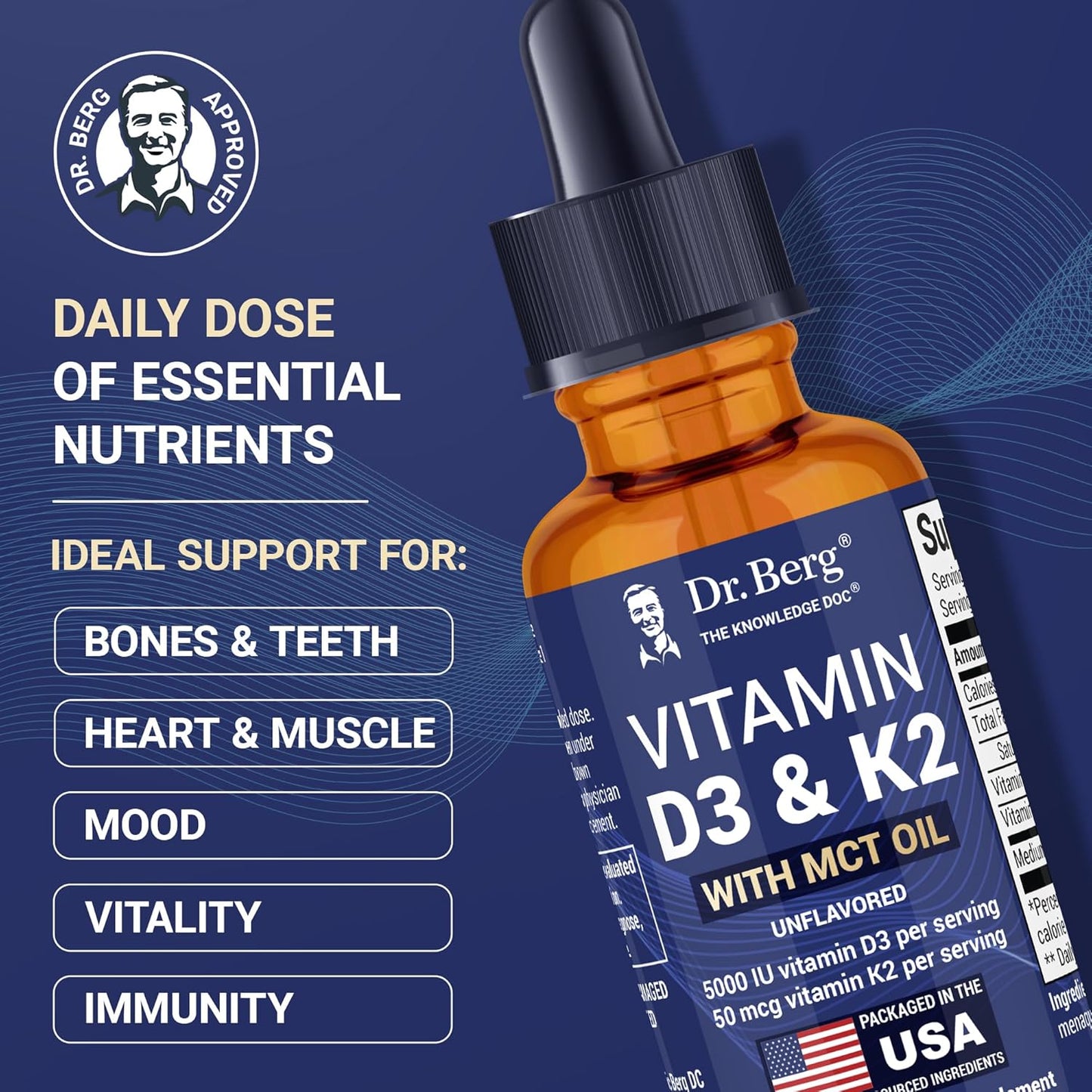 Dr. Berg Maximum Strength Vitamin D3 K2 Liquid Drops with MCT Oil – 5,000 IU Liquid Vitamin D3 with K2 – Supports Strong Bones, Heart, Energy, Immunity, and Overall Vitality* - Unflavored 1 Fl Oz