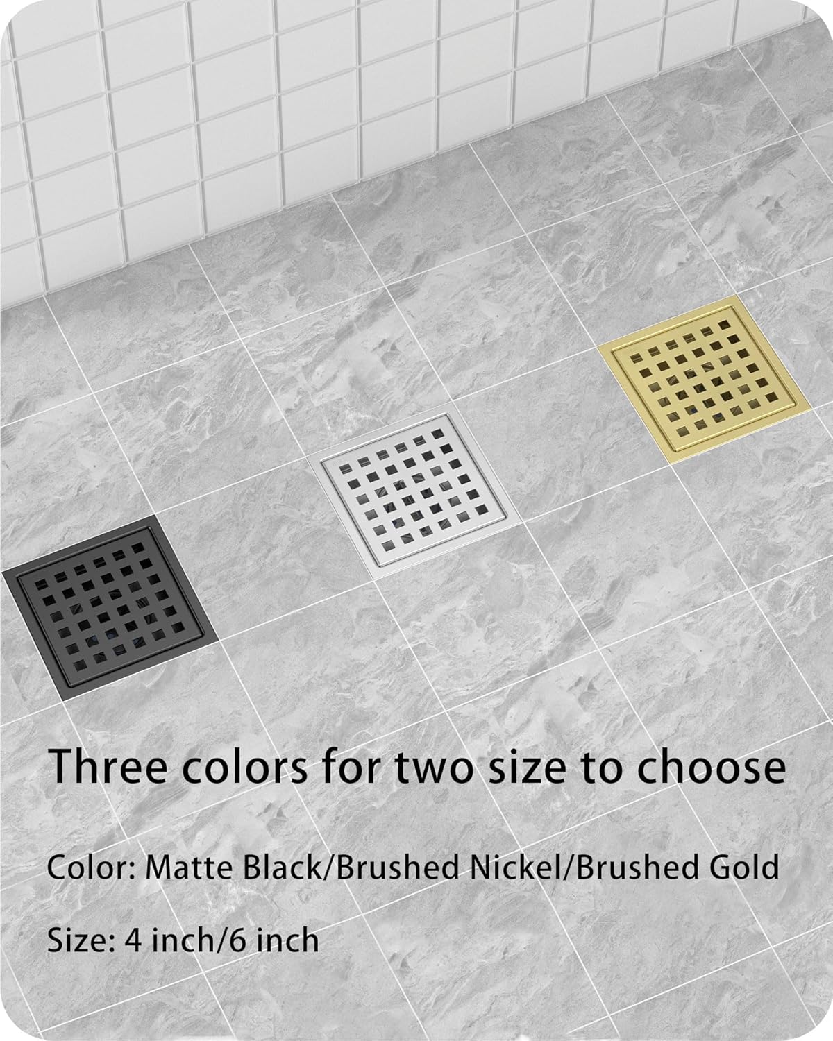 6 Inch/4 Inch Square Shower Drain SUS304 Stainless Steel Bathroom Floor Drain Strainer, Hair Catcher, Anti-Clog, Rust-Resistant, Fast Drainage (Brushed Nickel)