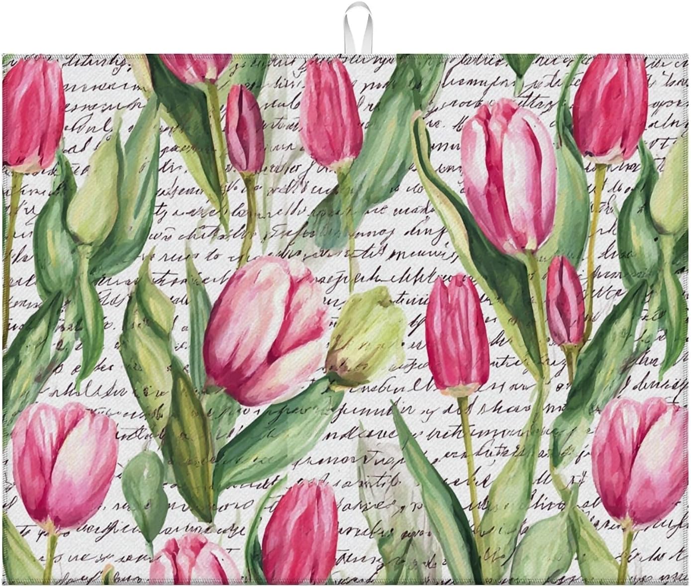 Dish Drying Mat For Kitchen Counter, Pink Tulip Flowers Text Microfiber Absorbent Dish Drainer Rack Pad Reusable Large 18x24in Drying Mat