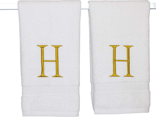 Monogrammed Hand Towels for Bathroom - Luxury Hotel Quality Personalized Initial Decorative Embroidered Bath Towel for Powder Room, Spa - GOTS Organic Certified - Set of 2 Gold Letter H
