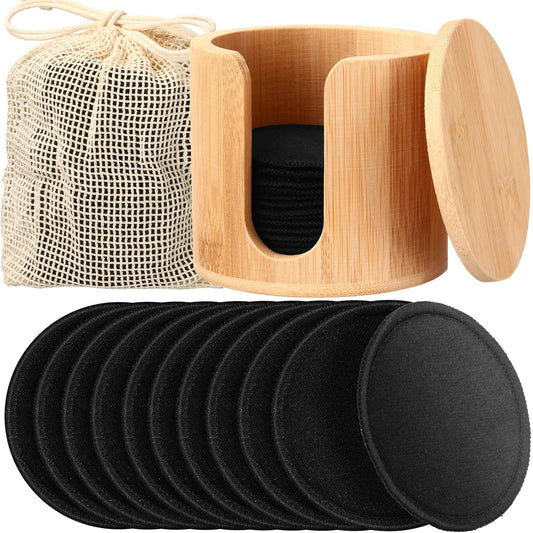 Foaincore 40 Pcs Reusable Makeup Remover Pads with Mesh Laundry Bag Washable Bamboo Cotton Rounds Soft Reusable Face Pad for Toner Skin Types with Bamboo Holder(Black)