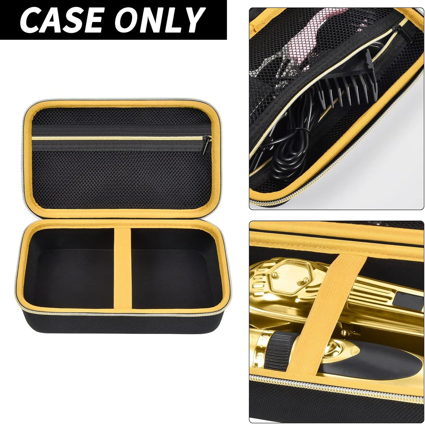 Case Compatible with Hair Clipper Barber, Trimmer Travel Storage Organizer for T Finisher Liner, Comb Cutting Guide, Clipper Blade Oil, Cleaning Brush and Other Grooming Kit - Black Case+Gold Zipper