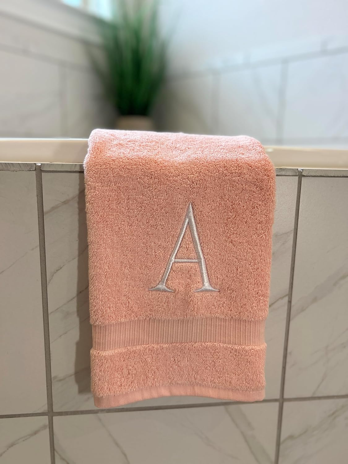 Pink Initial Hand Towel for Bathroom - Monogrammed Luxury Hotel Quality Decorative Embroidered Towel for Powder Room, Spa - GOTS Organic Certified - Set of 2 Letter H