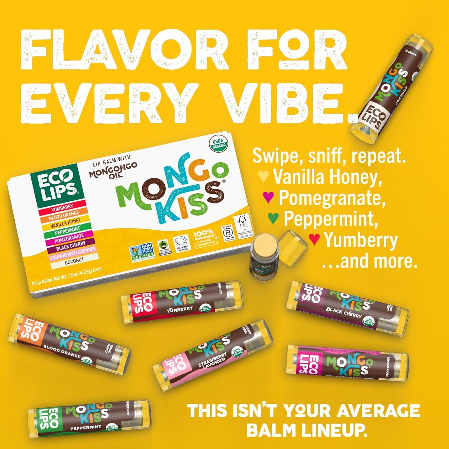 Mongo Kiss USDA Organic Lip Balm Set 8-pack (0.15 oz. each) with Mongongo Oil & Cocoa Butter to Moisturize Chapped Lips | Made in USA by Eco Lips (Variety)