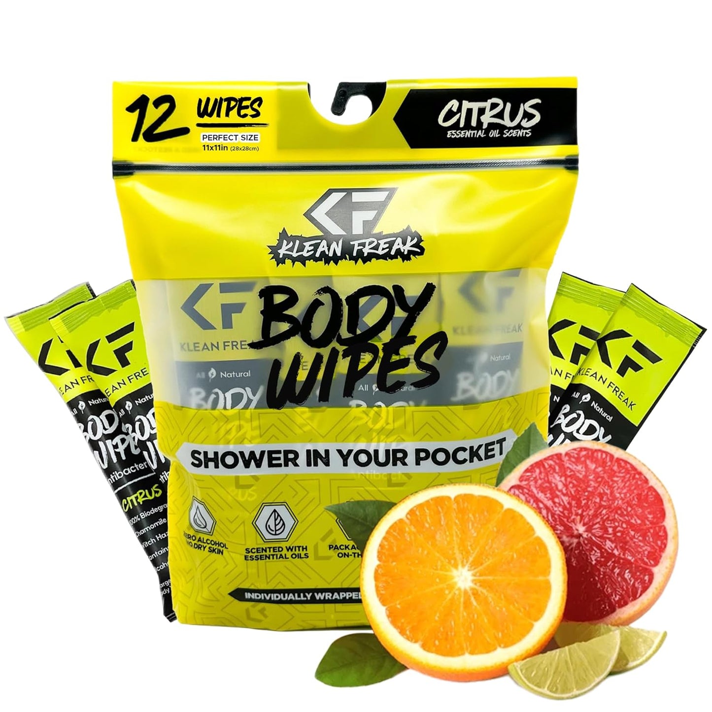 The Klean Freak Body Wipes - 12 count Individually Wrapped | Showerless Body Wipe for Women & Men | Sustainable Bodywipes for Gym, Travel, Camping | Citrus