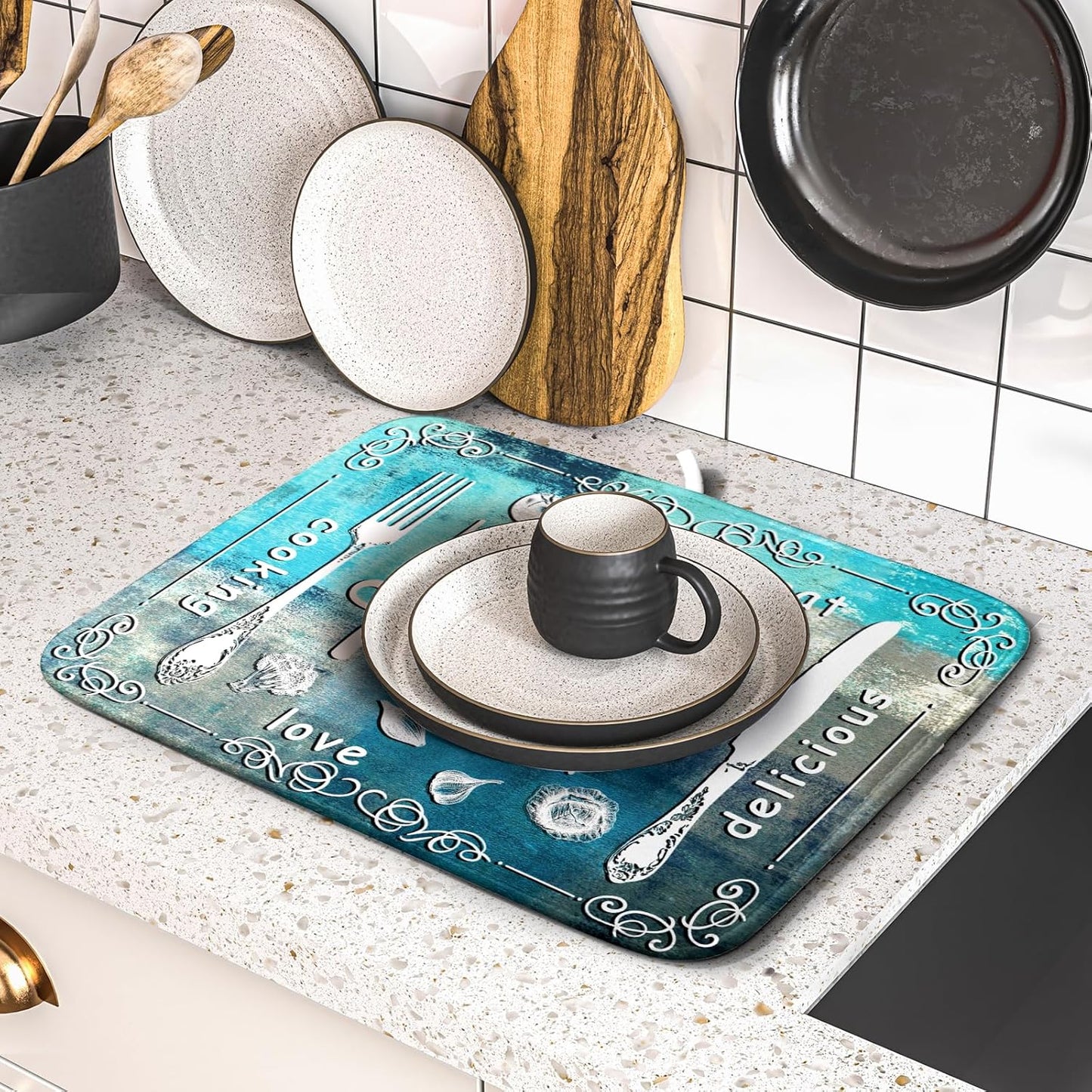 Blue Grey Dish Drying Mat 16x18 Inch Cooking Delicious Absorbent Drying Pad Heat Resistant Dish Drainer Mats for Kitchen Countertop