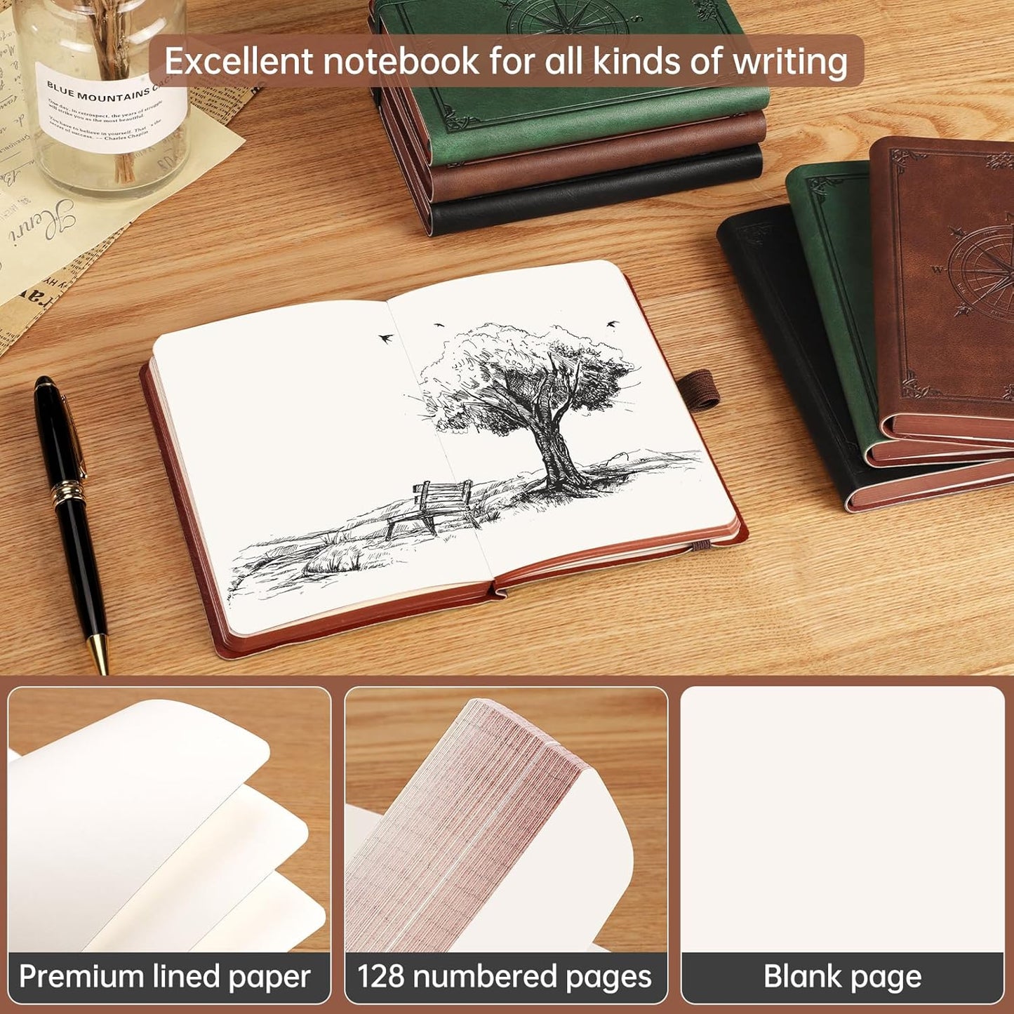 AHGXG Small Blank Pocket Journal Notebook for Men - 256 Numbered Pages B6 Mini Journal, Vintage Soft Leather Hardcover, 80gsm Paper, for Women Work Office School, 4.1'' X 5.7''- Brown