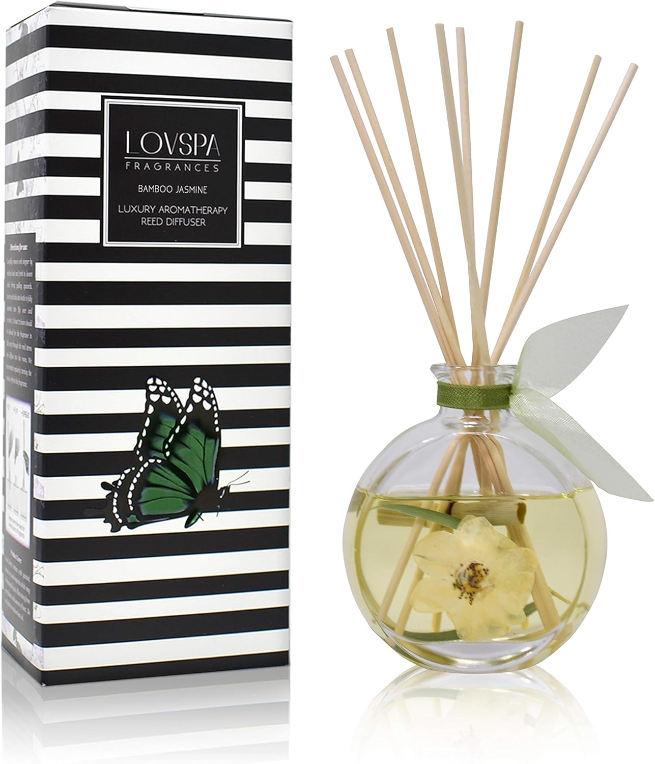 LOVSPA Reed Diffuser Set, Bamboo Jasmine Scented Oil Diffuser with Sticks, Home Fragrance Accessories for Bathroom Shelf Decor, Aroma Diffusers for Home or Office Desk, USA Made