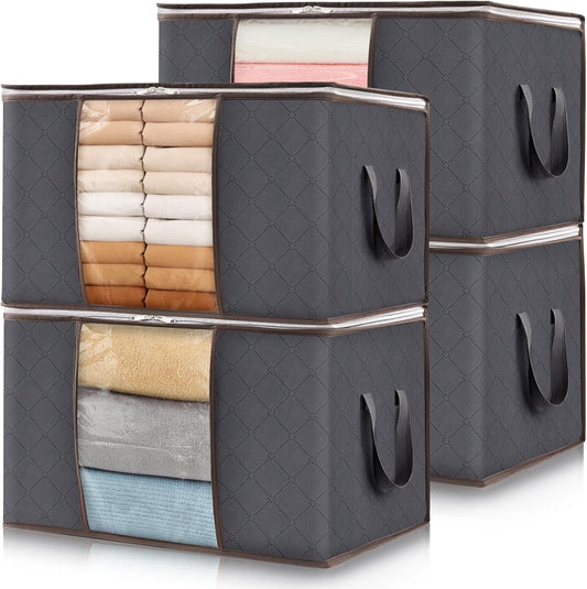 Lifewit 4 Pack Foldable Clothes Storage with Clear Window and Reinforced Handles for Clothing, Bedding, Gray