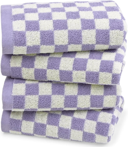 Hand Towel for Bathroom Guest Room Home - 100% Cotton Face Towel Set Lilac Checkered, Extra Soft, Absorbent 4-Piece for Daily Use