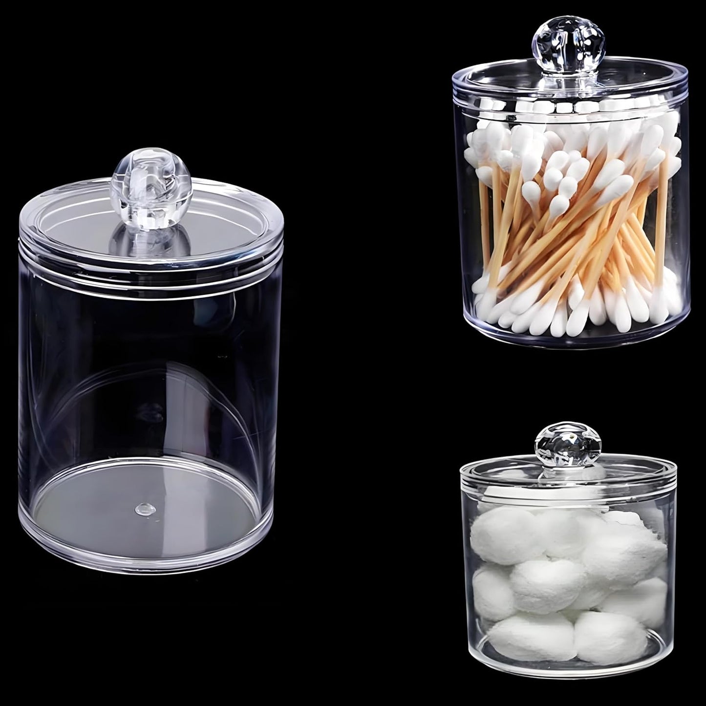 AXX Qtip Dispenser Apothecary Jars Bathroom - Qtip Holder Storage Canister Clear Plastic Jar for Cotton Swab,Q-Tips,Cotton Rounds (Clear 4Pcs)