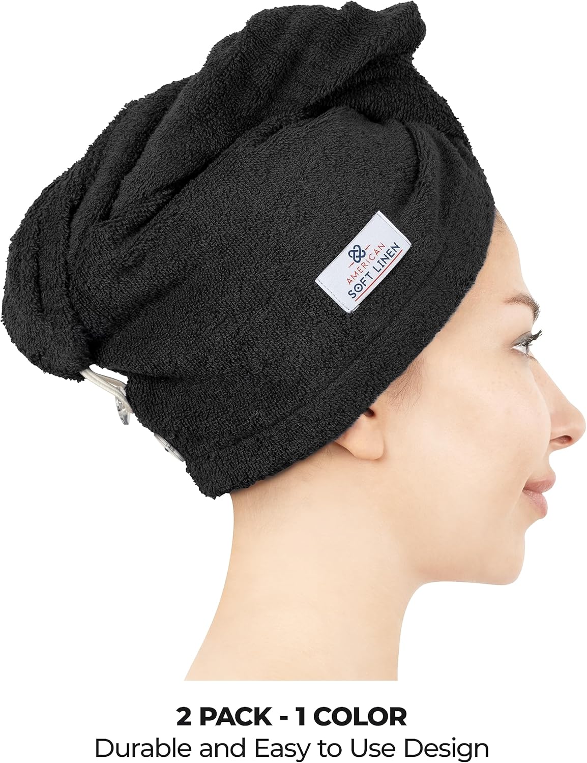 American Soft Linen 100% Cotton Hair Towels for Women, Head Towel Cap, Cotton Hair Turban Towel Wrap for Long Curly Anti Frizz Hair, Soft and Absorbent Cotton Hair Towels 2 Pack, Black