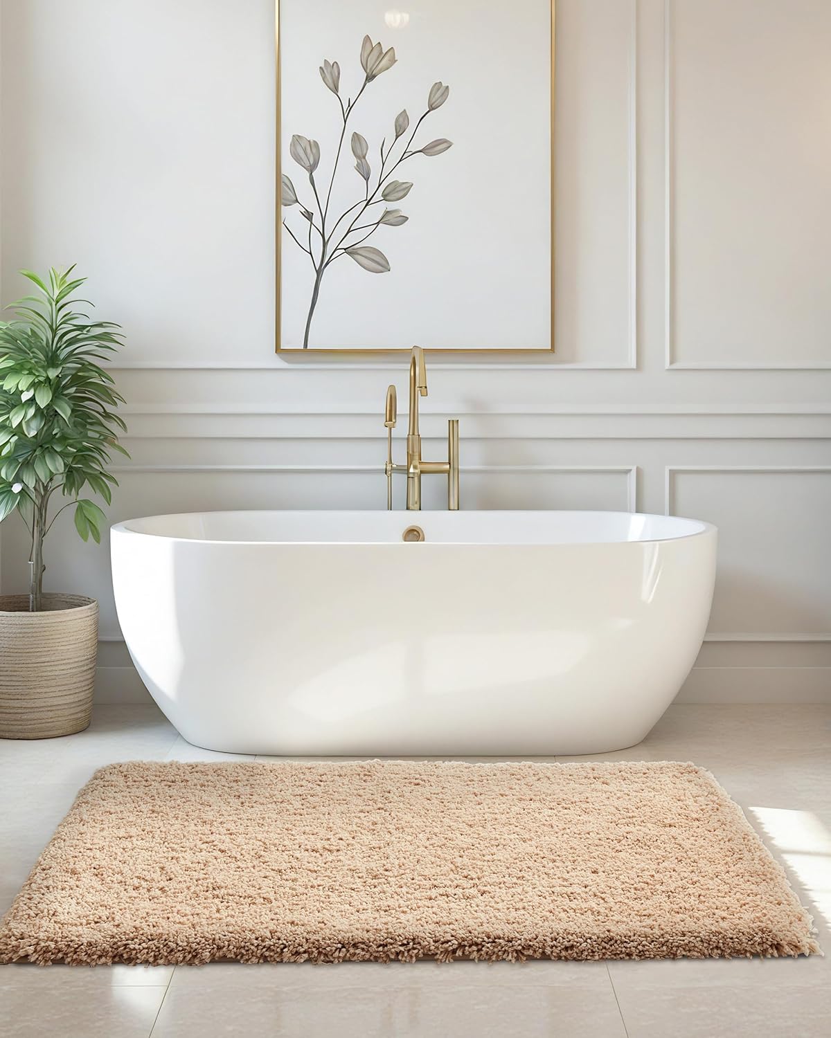 ILANGO Beige Bathroom Rugs 48" × 24" Non Slip & Super Absorbent Extra Thick Soft, Washable Bath Mat for Floor, Microfiber Plush Shaggy Bath Rug with Rubber for Bathtub Shower Room Sink