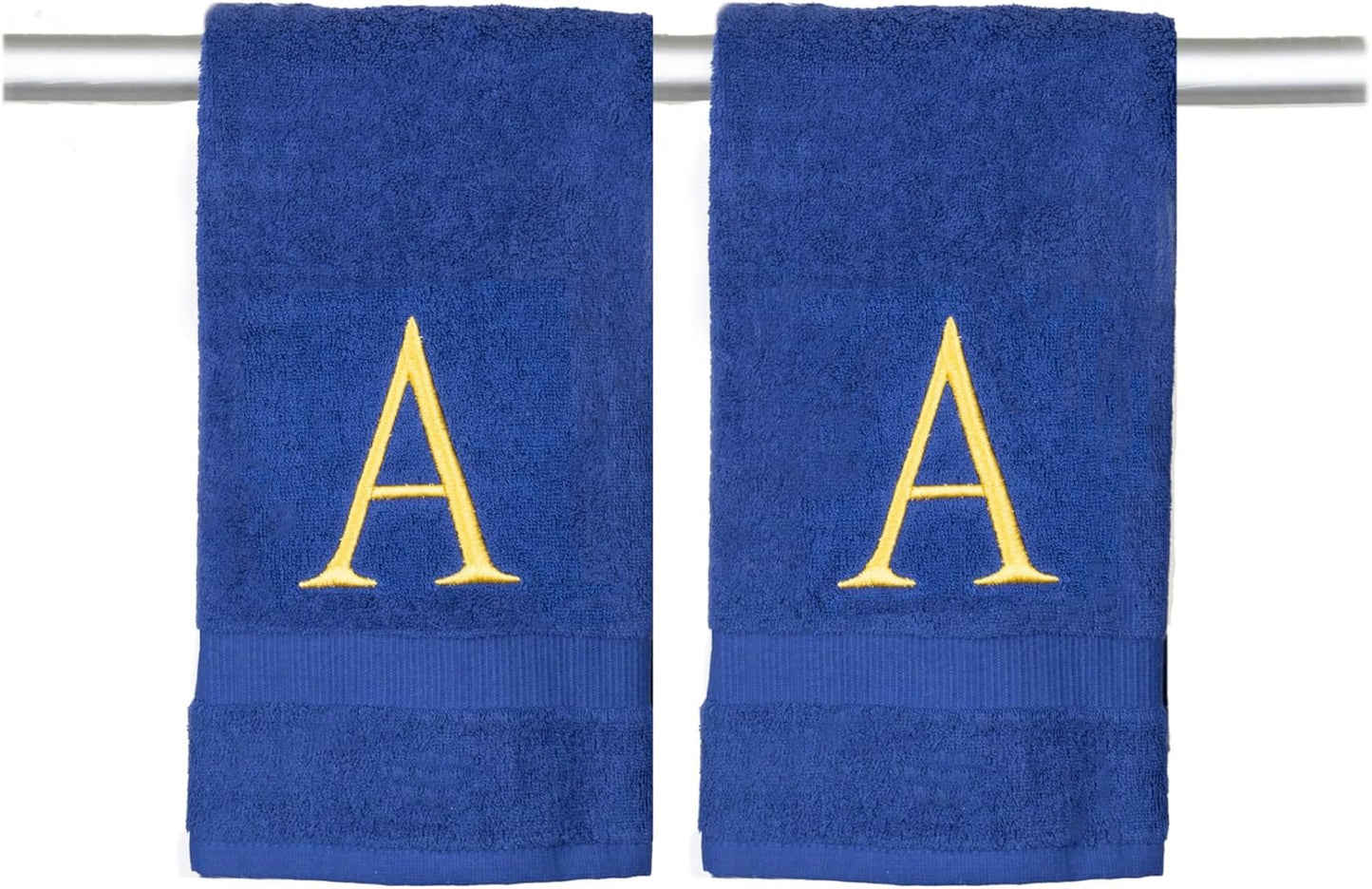 Navy Monogrammed Hand Towels for Bathroom - Luxury Hotel Quality Personalized Initial Decorative Embroidered Towel for Powder Room, Spa - GOTS Organic Certified - Set of 2 Gold Letter A