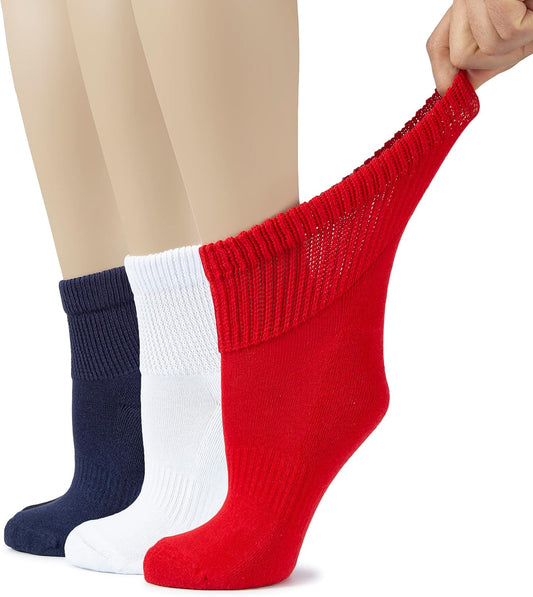 Hugh Ugoli Women's Cotton Diabetic Ankle Socks, Wide, Loose, Stretchy, Seamless Toe, Non Binding Top Semi Cushion, 3-6 Pairs