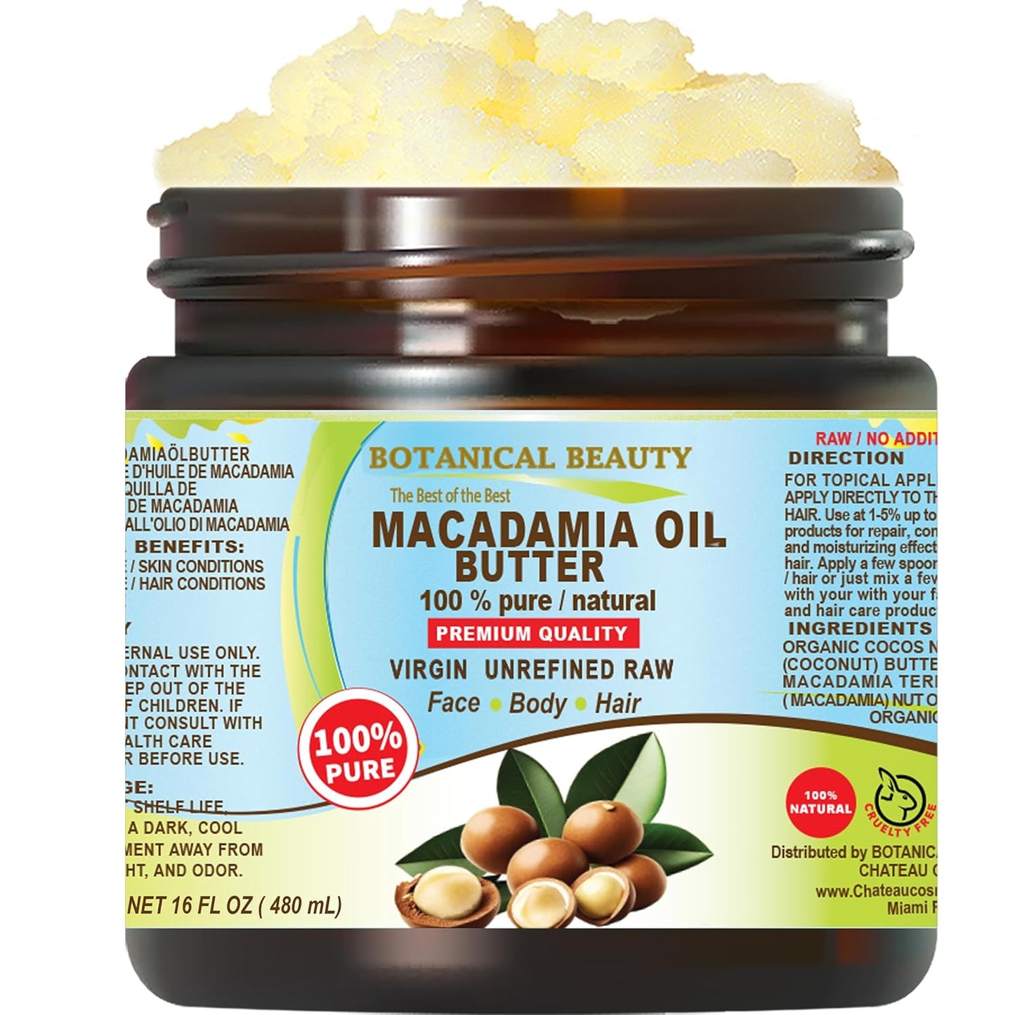 Botanical Beauty MACADAMIA OIL BUTTER 100% Pure Natural VIRGIN UNREFINED Cold-Pressed for Face, Skin, Body, Hair, Lip, Nails. Rich in Vitamin E, Omega 3, Omega 6 (16 Fl Oz)