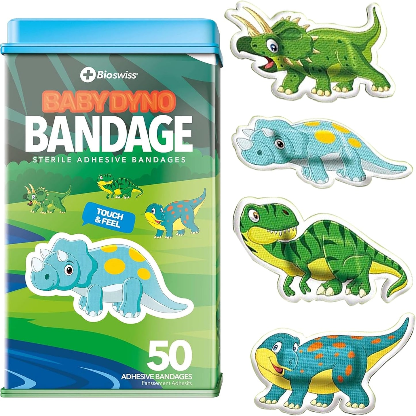 BioSwiss Kids Bandages, Baby Dino Shaped Self Adhesive Bandage Set, Latex Free, Sterile Wound Care, 50 Count